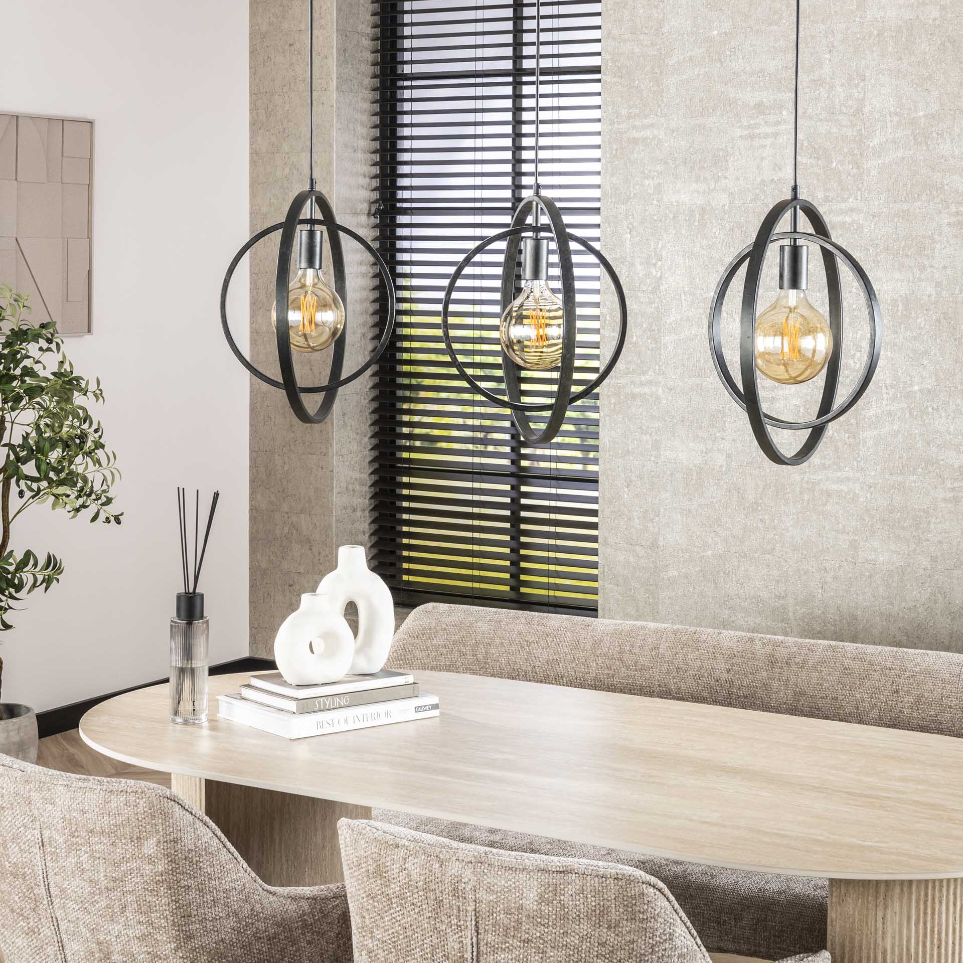 Hängeleuchte Carino 3-flammig – Metall-Leuchte 130×150×30 cm, drehbare Kreise im Charcoal-Finish, höhenverstellbar, 3×E27, LED geeignet