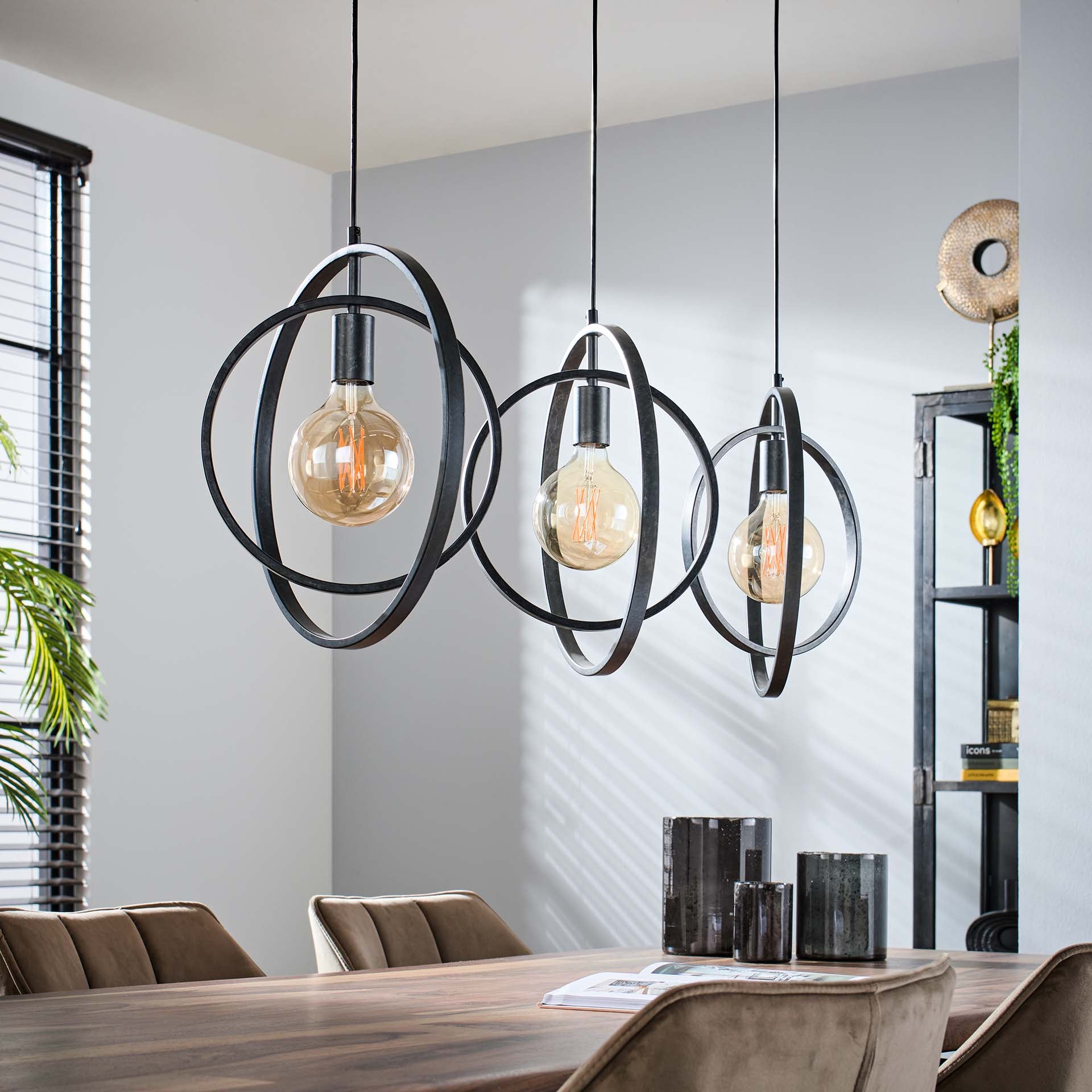 Hängeleuchte Carino 3-flammig – Metall-Leuchte 130×150×30 cm, drehbare Kreise im Charcoal-Finish, höhenverstellbar, 3×E27, LED geeignet