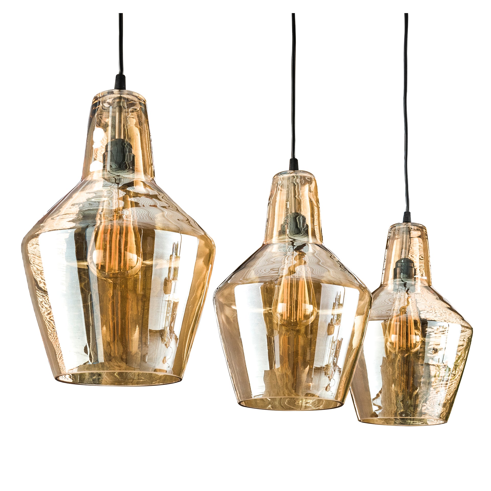 Hängeleuchte Angelo 3-flammig 112x25x150 cm – elegante Pendelleuchte mit Braunglas-Kegelschirmen