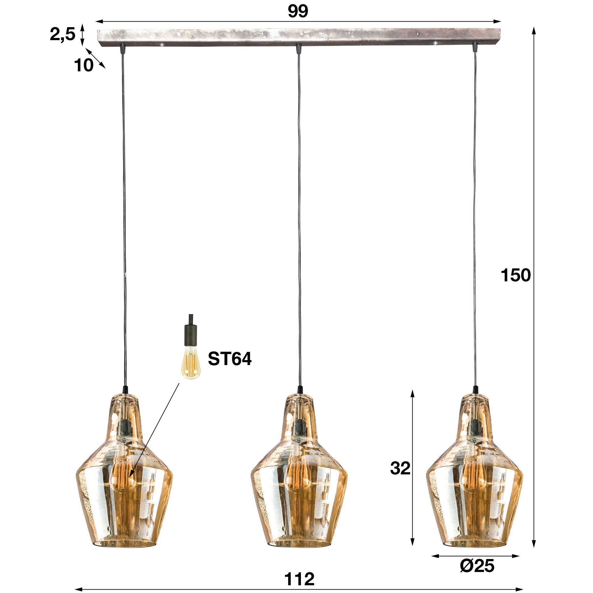 Hängeleuchte Angelo 3-flammig 112x25x150 cm – elegante Pendelleuchte mit Braunglas-Kegelschirmen