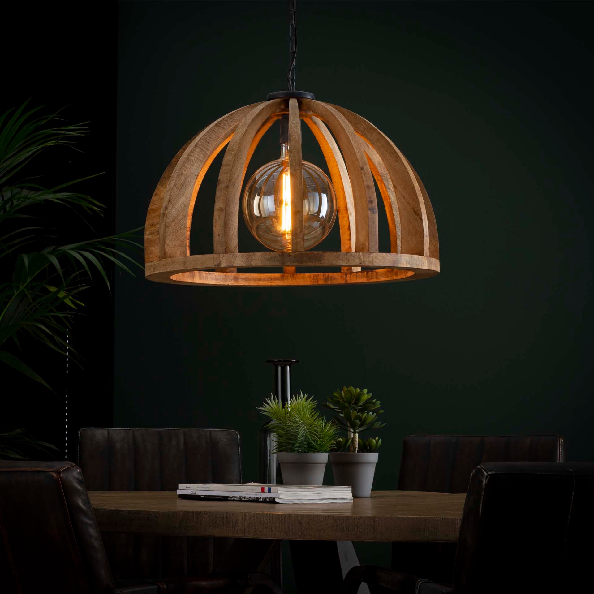 Pendelleuchte Sedia 1-flammig Ø60x35 cm – Moderne Hängelampe aus Mangoholz mit Kette, höhenverstellbar bis 150 cm