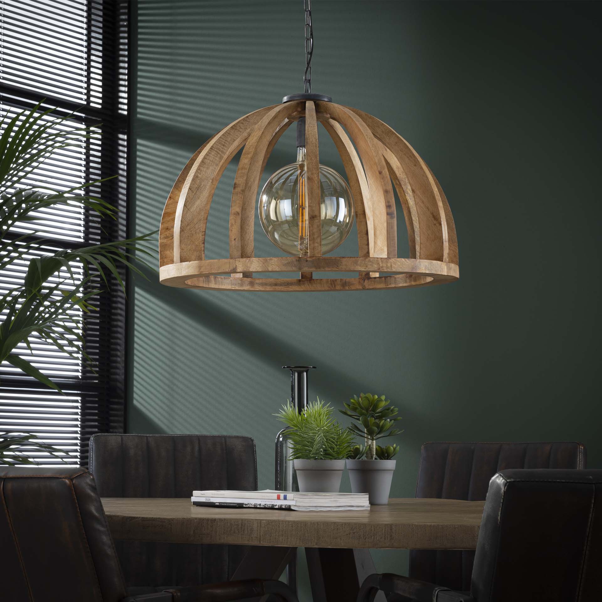 Pendelleuchte Sedia 1-flammig Ø60x35 cm – Moderne Hängelampe aus Mangoholz mit Kette, höhenverstellbar bis 150 cm