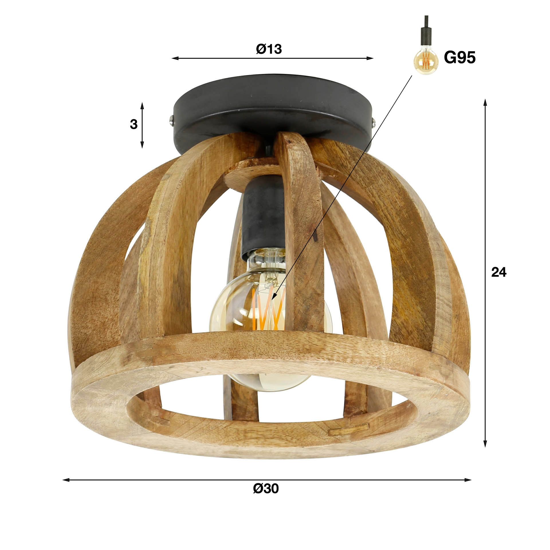 Pendelleuchte Sedia 1-flammig Ø30x24 cm – Moderne Hängelampe aus Mangoholz mit offenem Schirm