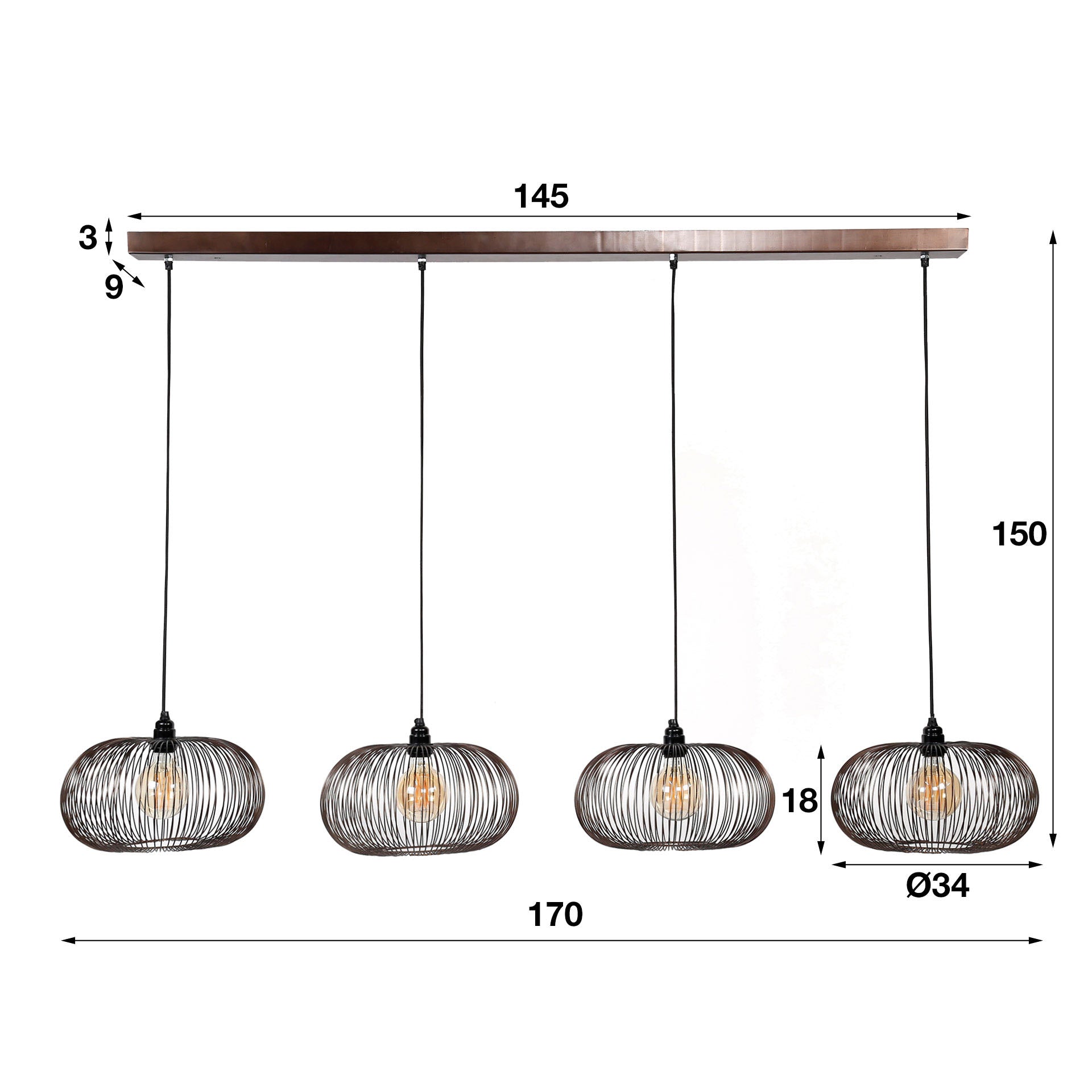 Pendelleuchte Vecchio 4-flammig 170x35x150 cm – moderne Metall-Hängelampe mit goldenen Scheibenschirmen Ø35 cm im Industrial Design