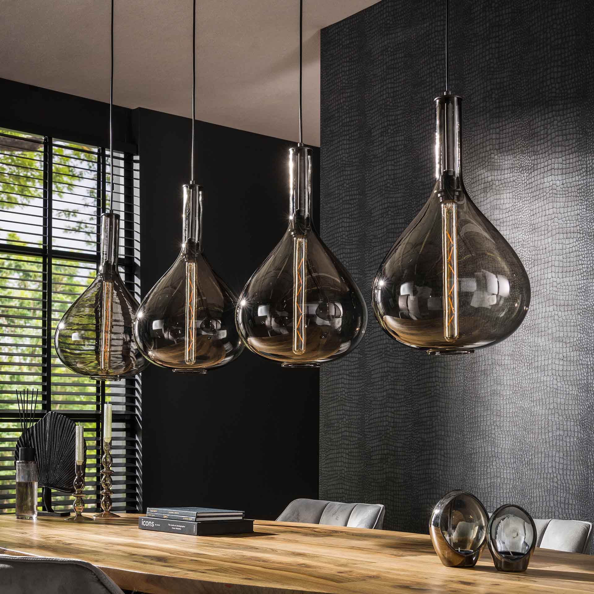 Hängeleuchte Fumo 4-flammig 164x28x150 cm – moderne Rauchglas-Pendelleuchte mit verstellbaren Schirmen Ø28 cm