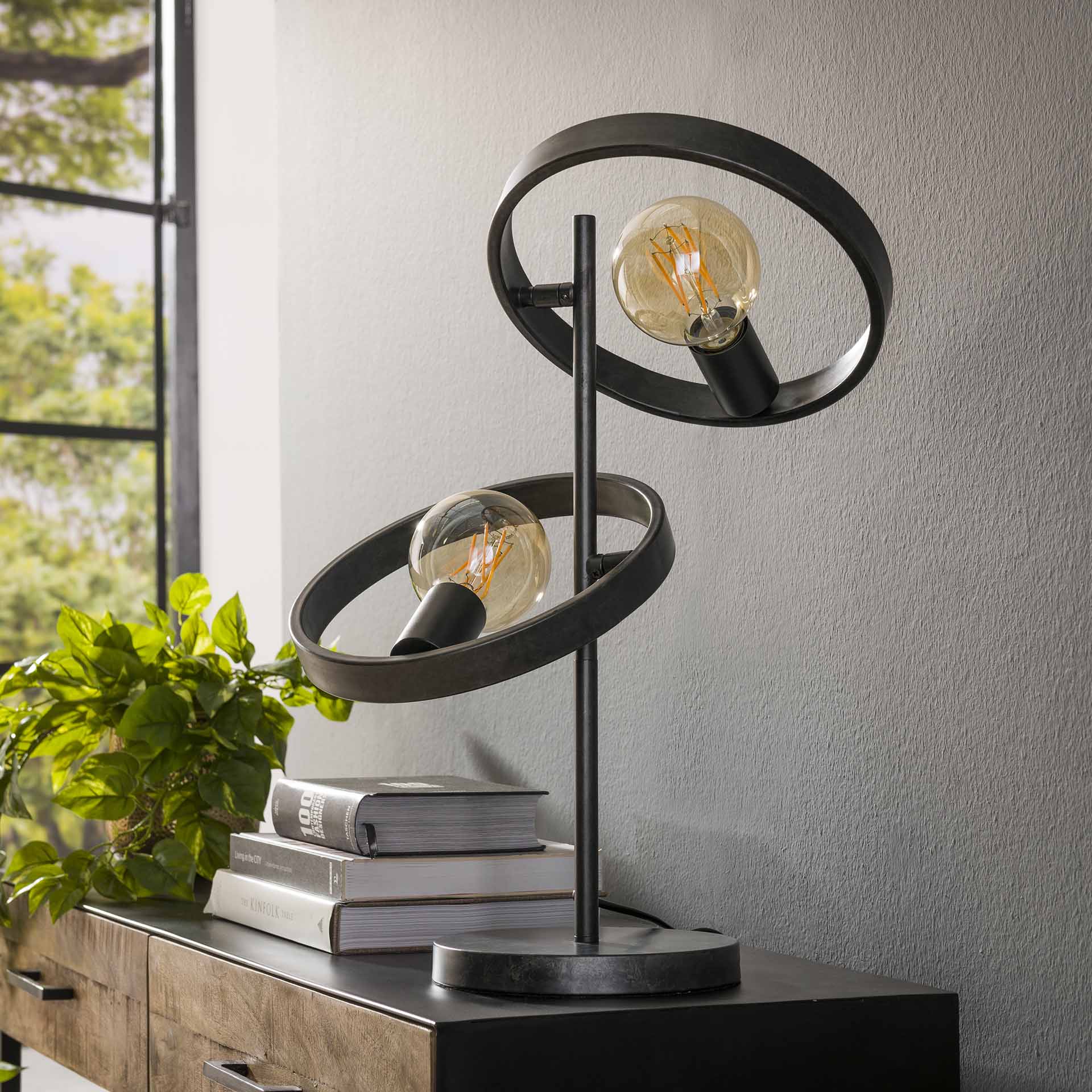 Tischleuchte Leggero 2-flammig 42x26x53 cm – moderne schwarze Metall-Leuchte mit Ø26 cm Schirmen & E27 LED