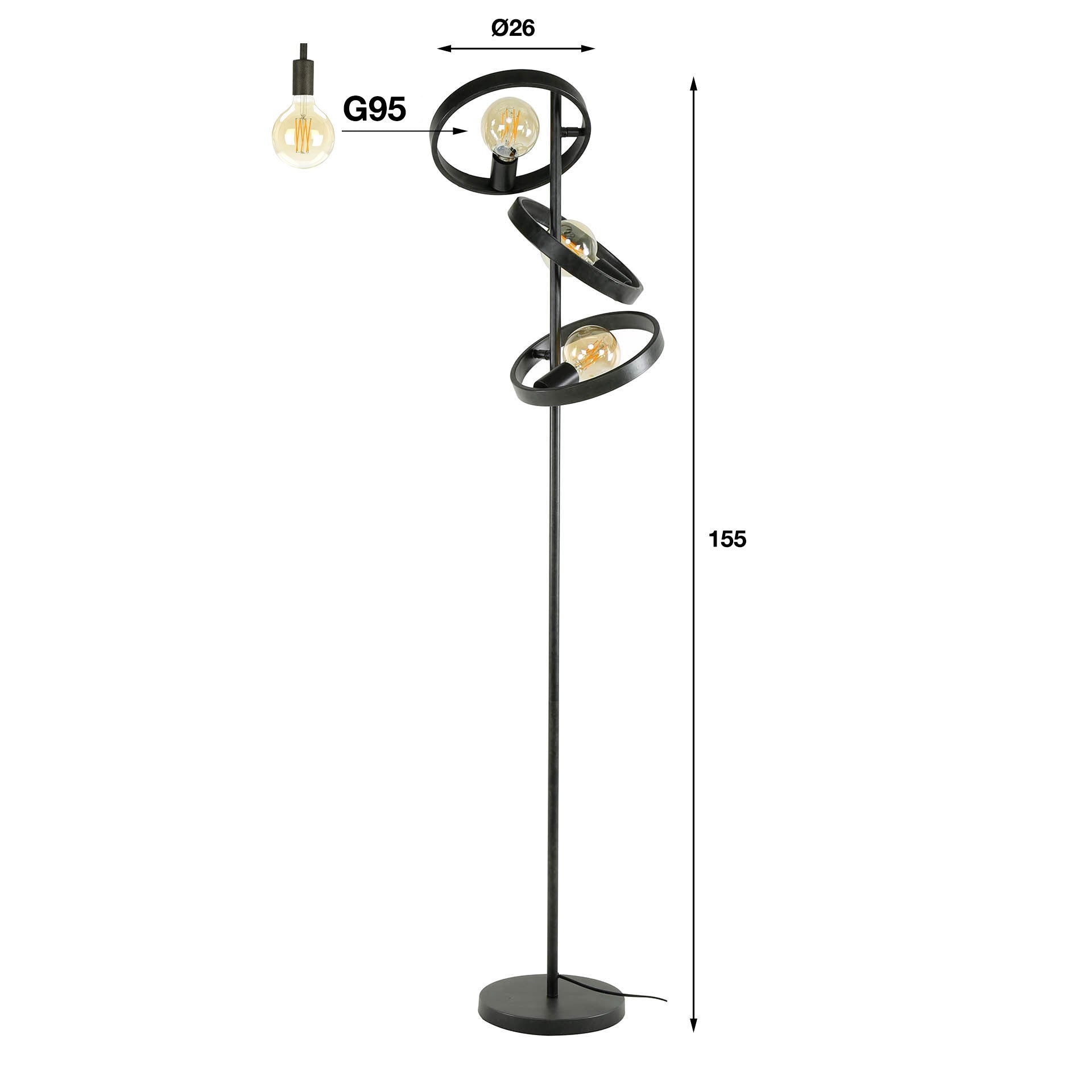 Stehleuchte Leggero 3-flammig 40x40x155 cm – moderne schwarze Metall-Leuchte mit Ø26 cm Schirmen, E27 LED geeignet