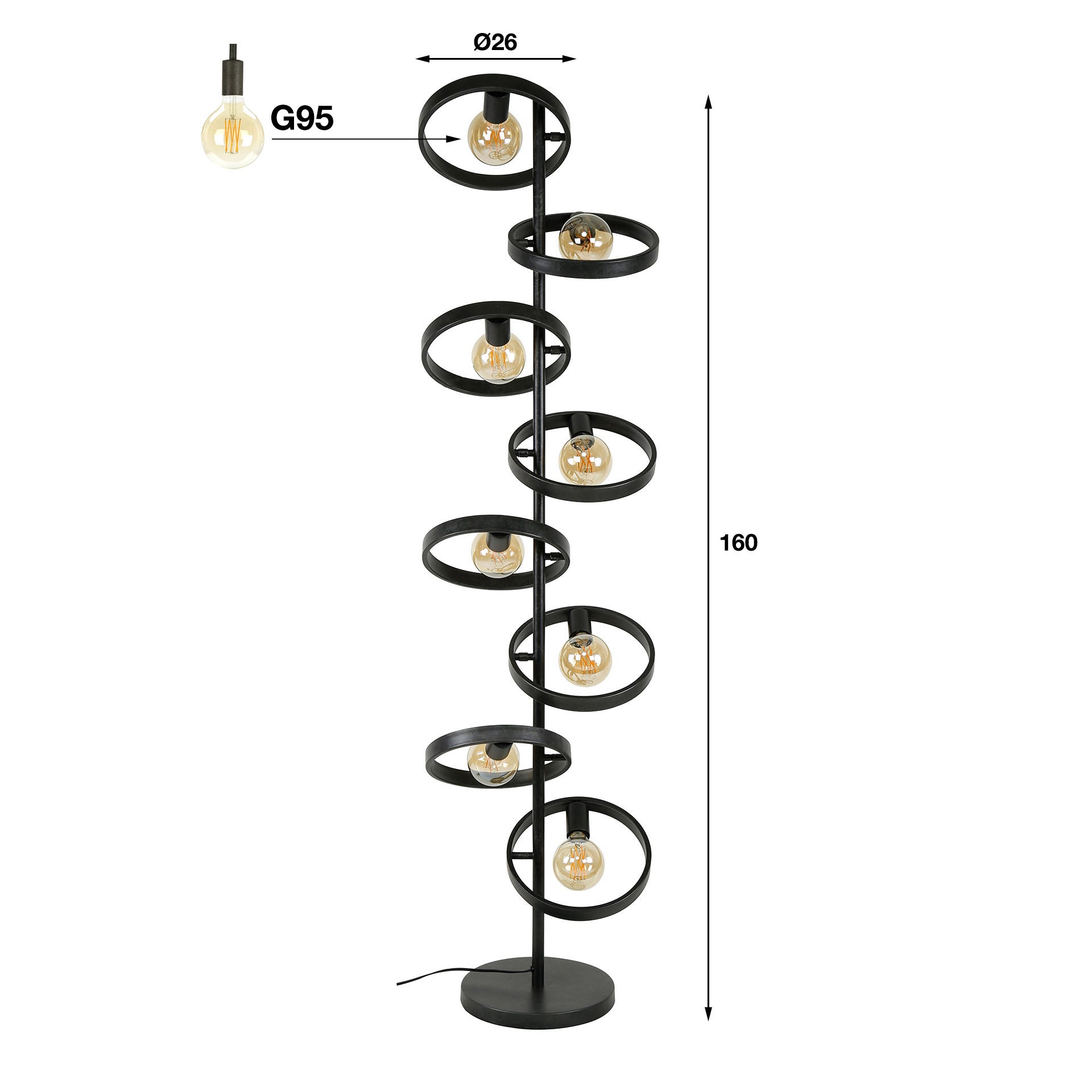 Stehleuchte Leggero 8-flammig 42x26x160 cm – moderne schwarze Metall-Leuchte mit Ø26 cm Schirmen, E27 LED geeignet