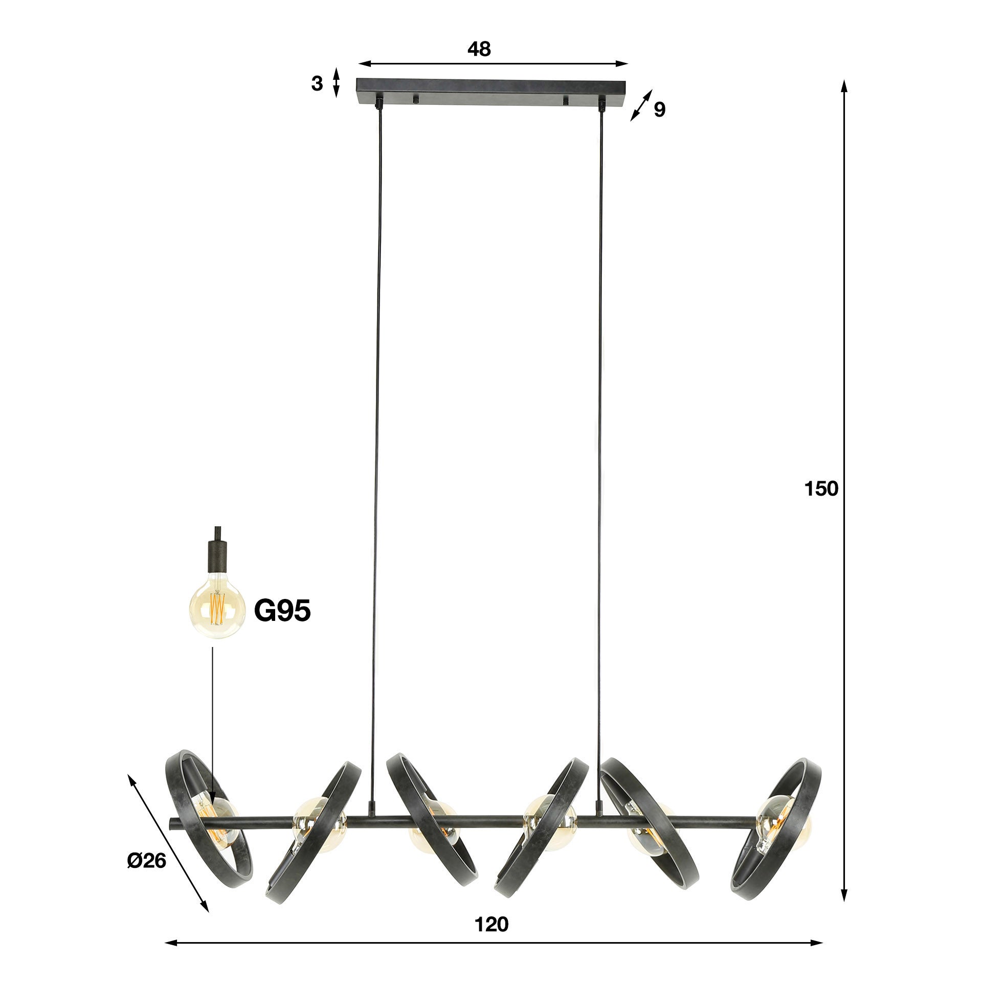 Hängeleuchte Leggero 6-flammig 120x42x150 cm – moderne schwarze Pendelleuchte aus Metall mit Ø26 cm Schirmen, E27 LED geeignet