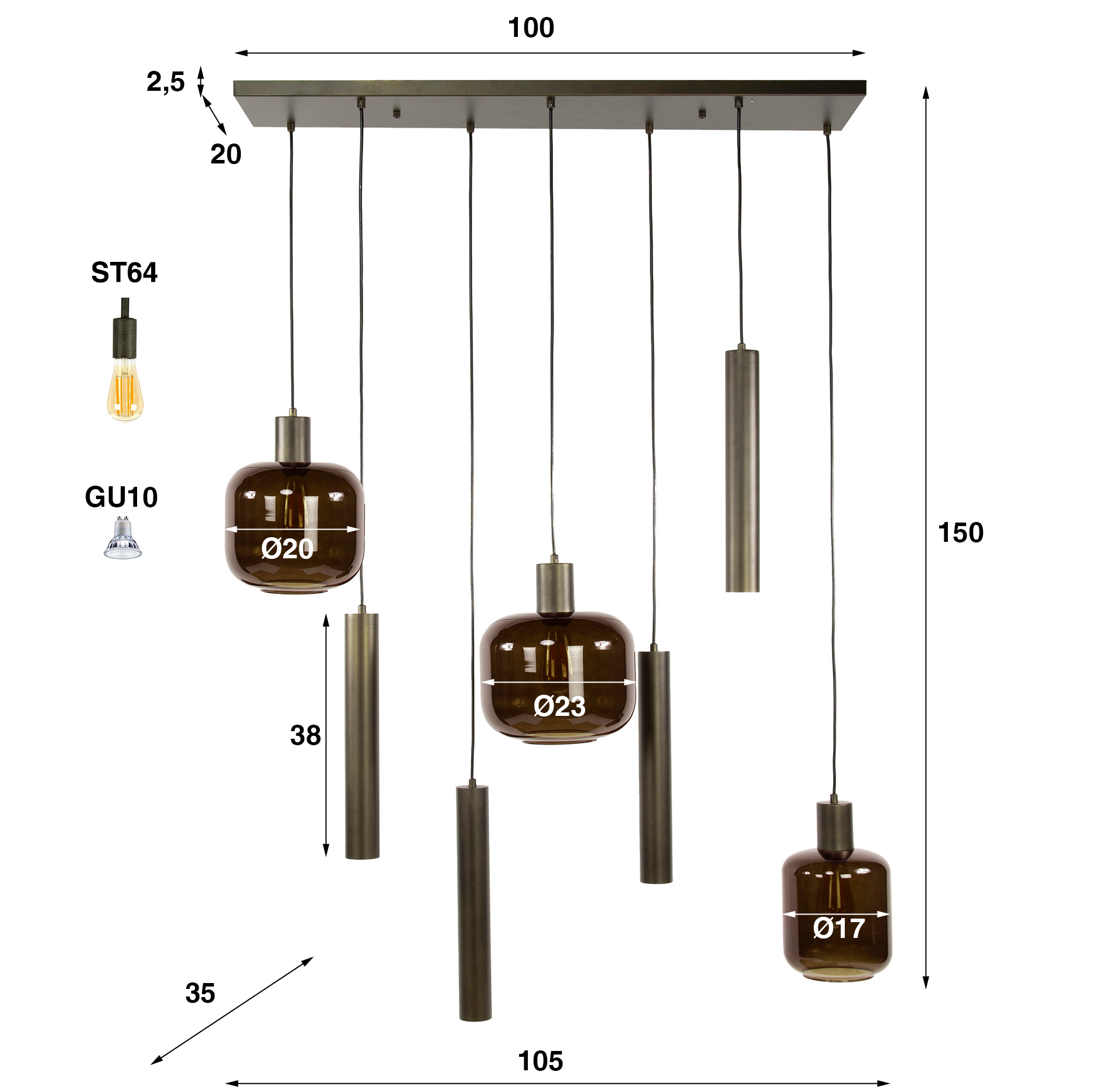 Pendelleuchte Corva – 7-flammig, Metall & Glas, höhenverstellbar bis 150 cm, inkl. LED-Leuchtmittel