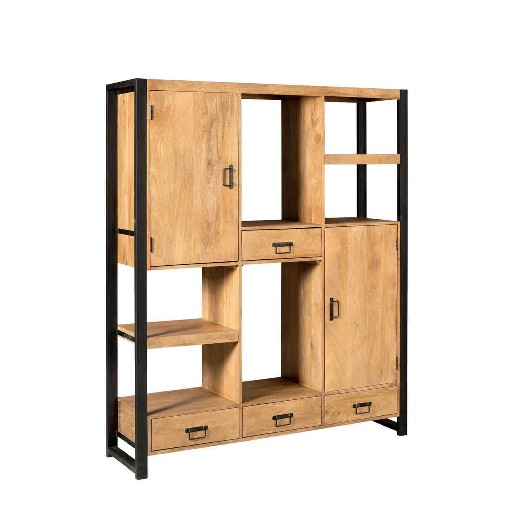 Schrank Bori Mangoholz & Metall 150x40x180 cm – modernes Aufbewahrungsregal mit Schubladen, Türen & Fächern