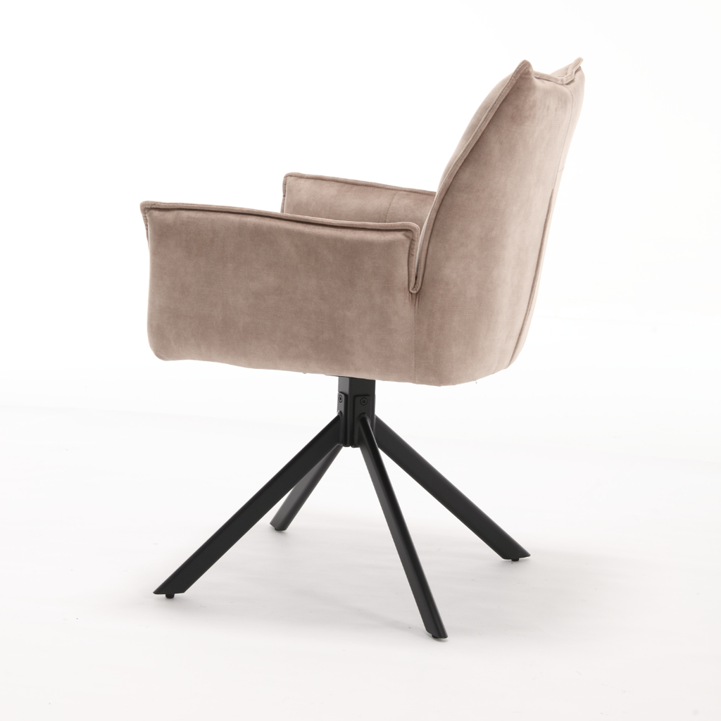 Esszimmerstuhl Daira Velvet Beige – Drehstuhl 65×56×85 cm mit Armlehnen, Memory-Rückkehr & schwarzem Metallbein