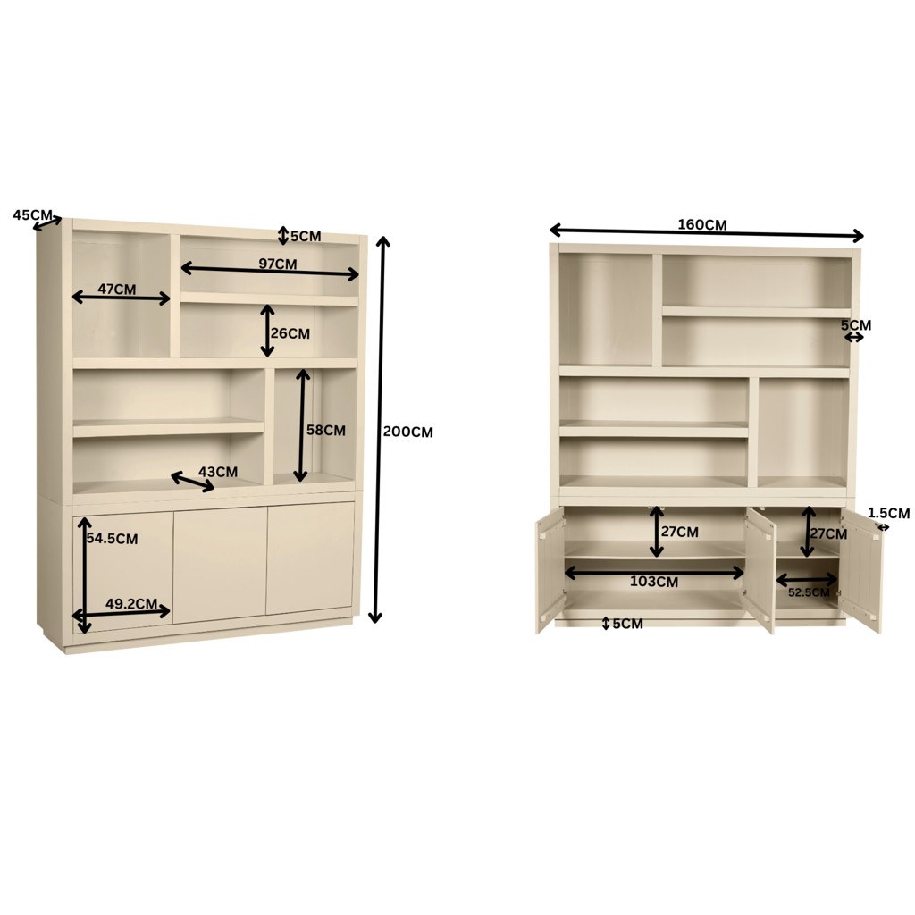Regal Bali XL 160x45x200 cm – Mangoholz Bücherregal in Sand-Finish mit offenen Fächern & 3 Türen (Push-to-Open)