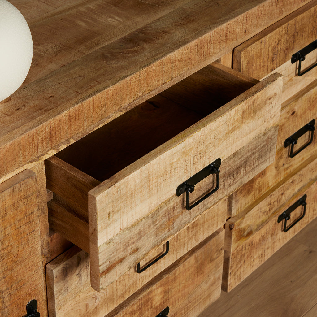 Sideboard Bori Natur– Mangoholz Kommode mit Metallgestell 200×80×40 cm, 2 Türen, 6 Schubladen & Regale. Modernes Möbelstück