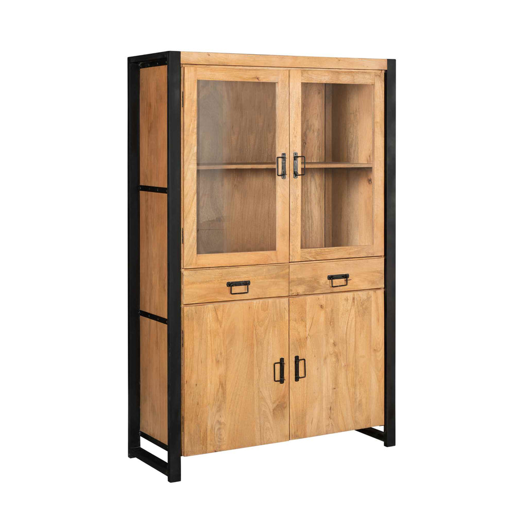 Vitrinenschrank Bori 115x45x180 cm – modernes Mangoholz-Highboard mit Metallrahmen & viel Stauraum