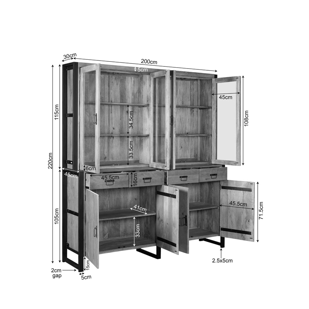 Vitrine Bori XXL Schwarz – Mangoholz & Metall, 200 x 45 x 220 cm, modernes Highboard mit Türen & Schubladen
