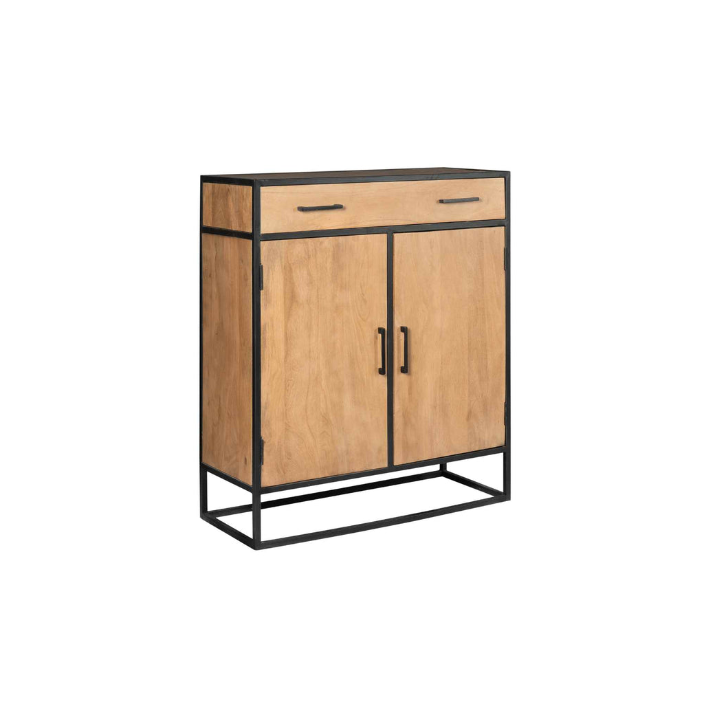 Schrank Delta aus Mangoholz mit Metallgestell – 2 Türen & 1 Schublade, modernes Design in Schwarz, 100 x 40 x 115 cm