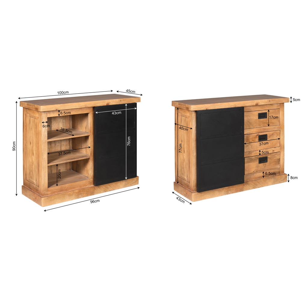 Sideboard Nizza 100x45x90 cm – Mangoholz Kommode mit Schubladen & Tür im modernen Design