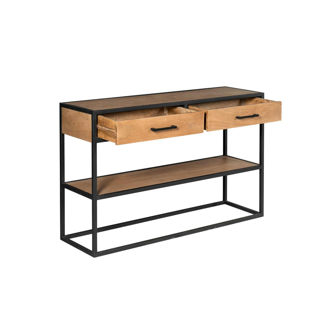 Beistelltisch Delta Natur – Mangoholz & Metall mit 2 Schubladen & Ablage, 120 x 35 x 76 cm