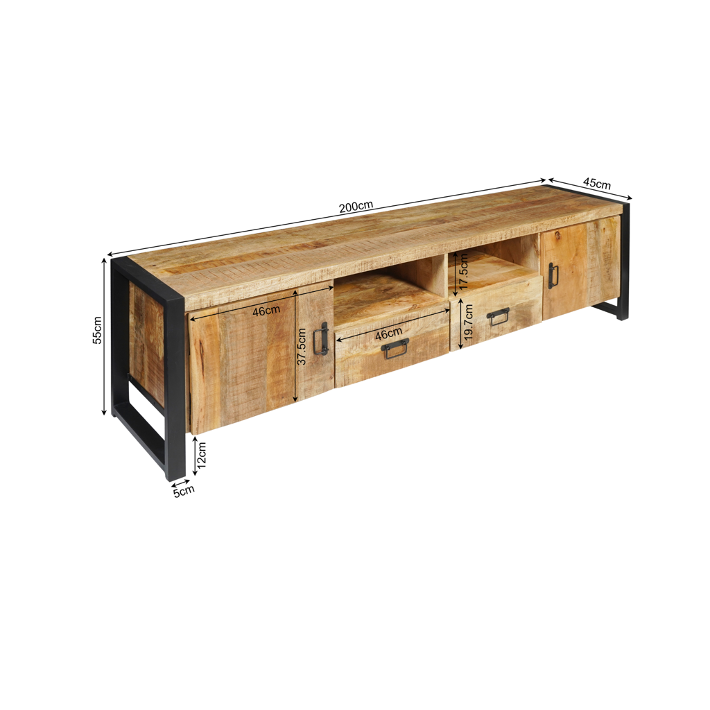TV-Board Bori Natur– Mangoholz Lowboard mit 2 Türen, Fach & 2 Schubladen, 200×45×55 cm