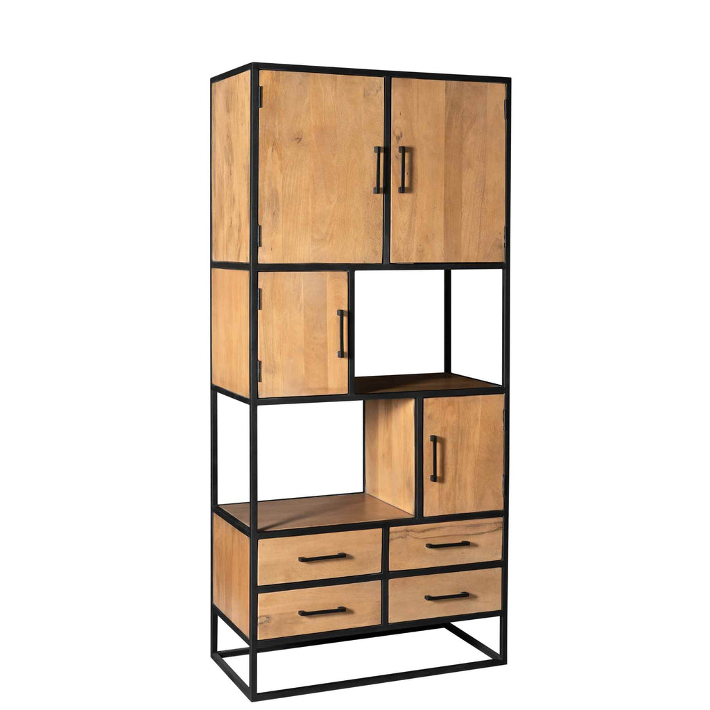 Schrank Delta 90x45x200 cm – Massives Mangoholz Bücherregal Natur mit Metallrahmen & viel Stauraum