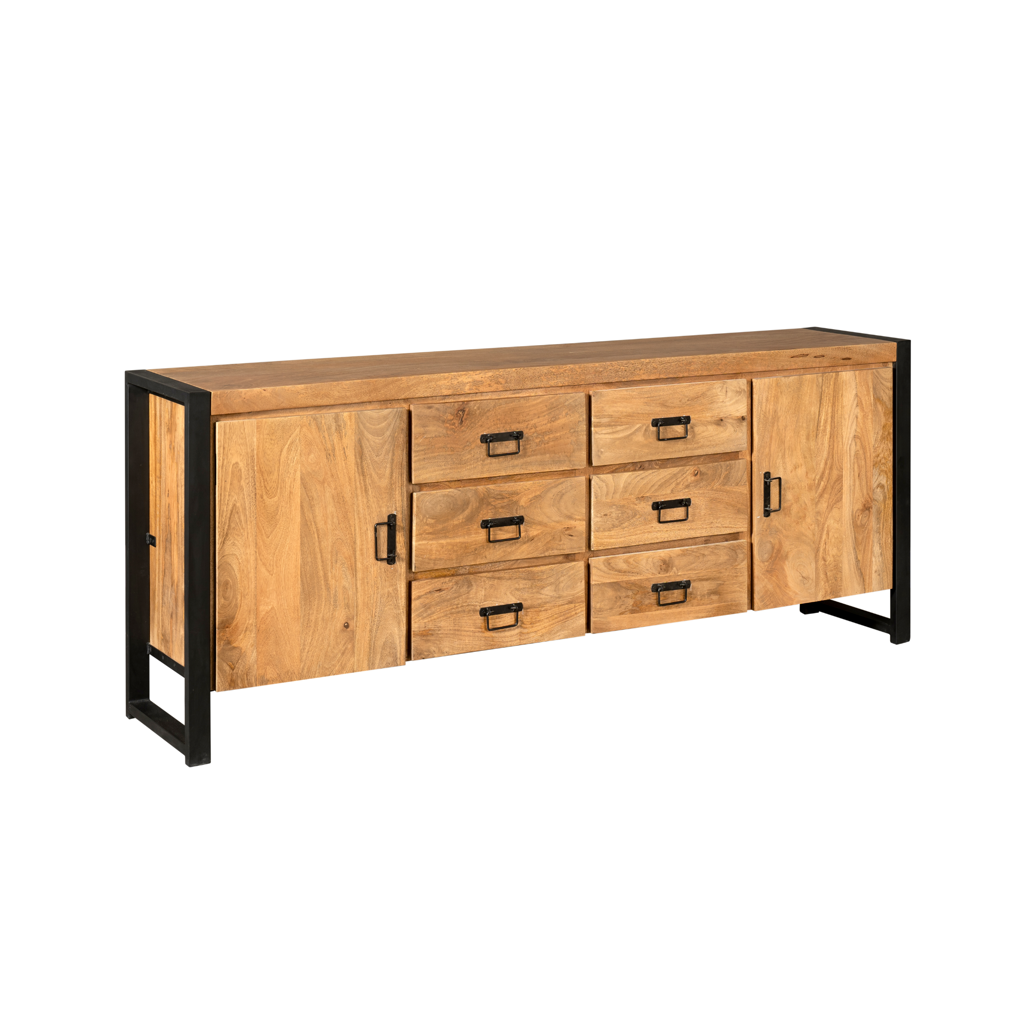 Sideboard Bori Natur– Mangoholz Kommode mit Metallgestell 200×80×40 cm, 2 Türen, 6 Schubladen & Regale. Modernes Möbelstück