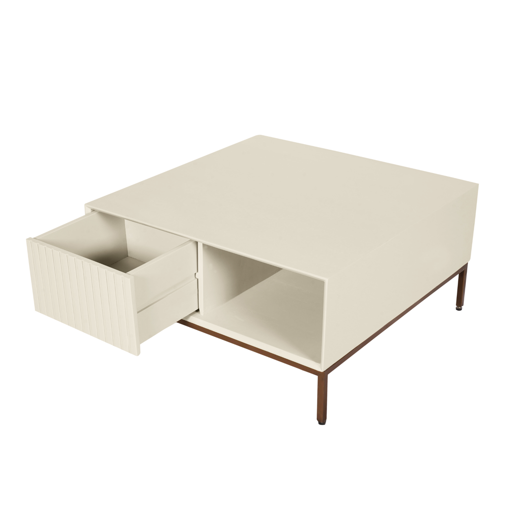 Couchtisch Mandy Sand 80x80x40 cm – Mangoholz mit Schubladen & bronzefarbenen Metallbeinen