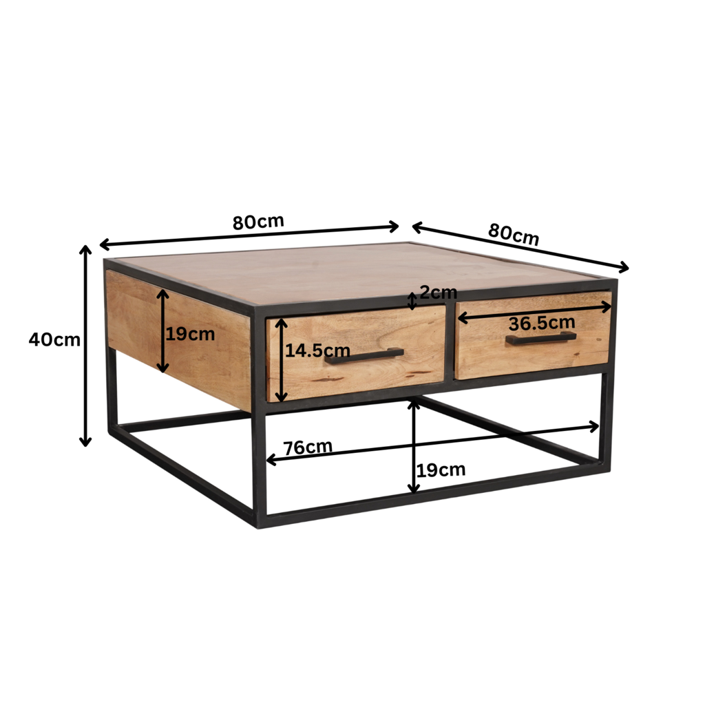 Couchtisch Delta Natur – Quadratischer Mangoholz-Tisch mit 4 Schubladen & Metallgriffen, 80 x 80 x 40 cm