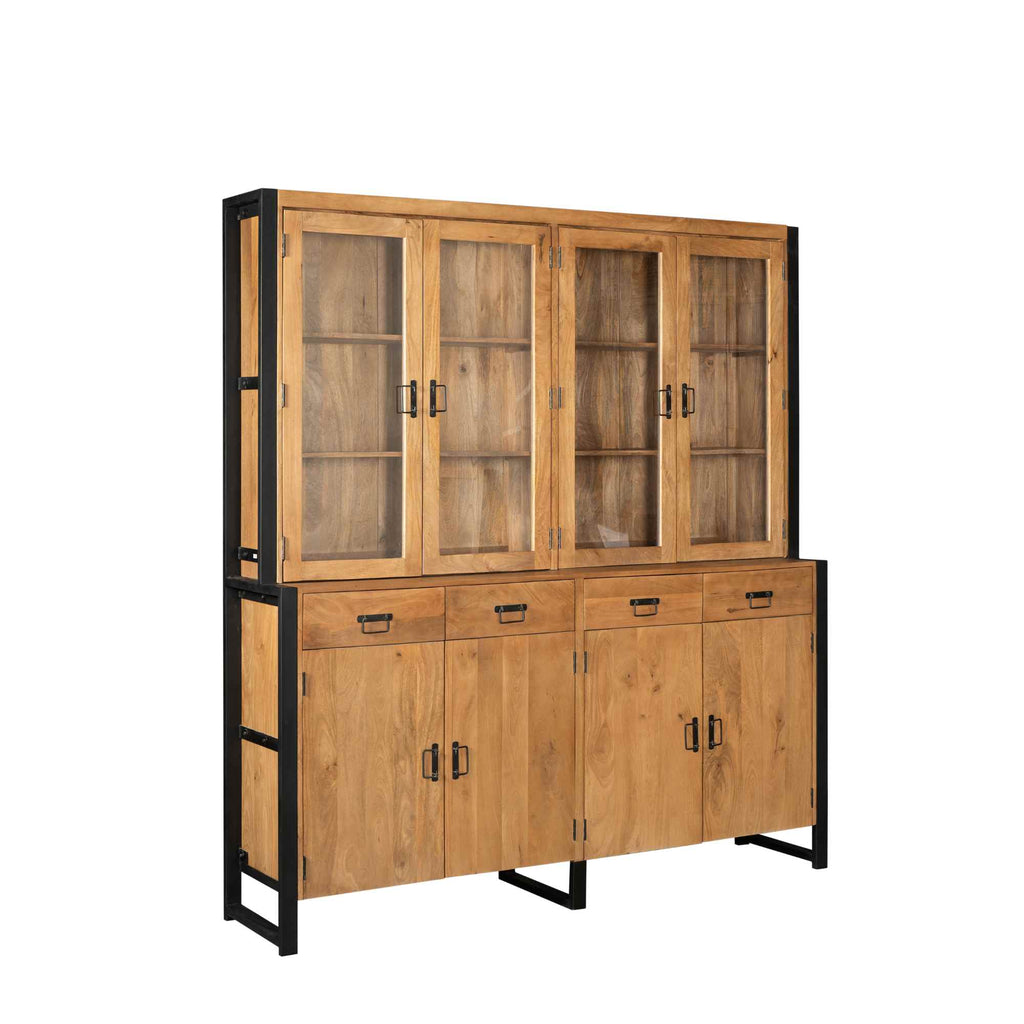 Vitrine Bori XXL Schwarz – Mangoholz & Metall, 200 x 45 x 220 cm, modernes Highboard mit Türen & Schubladen