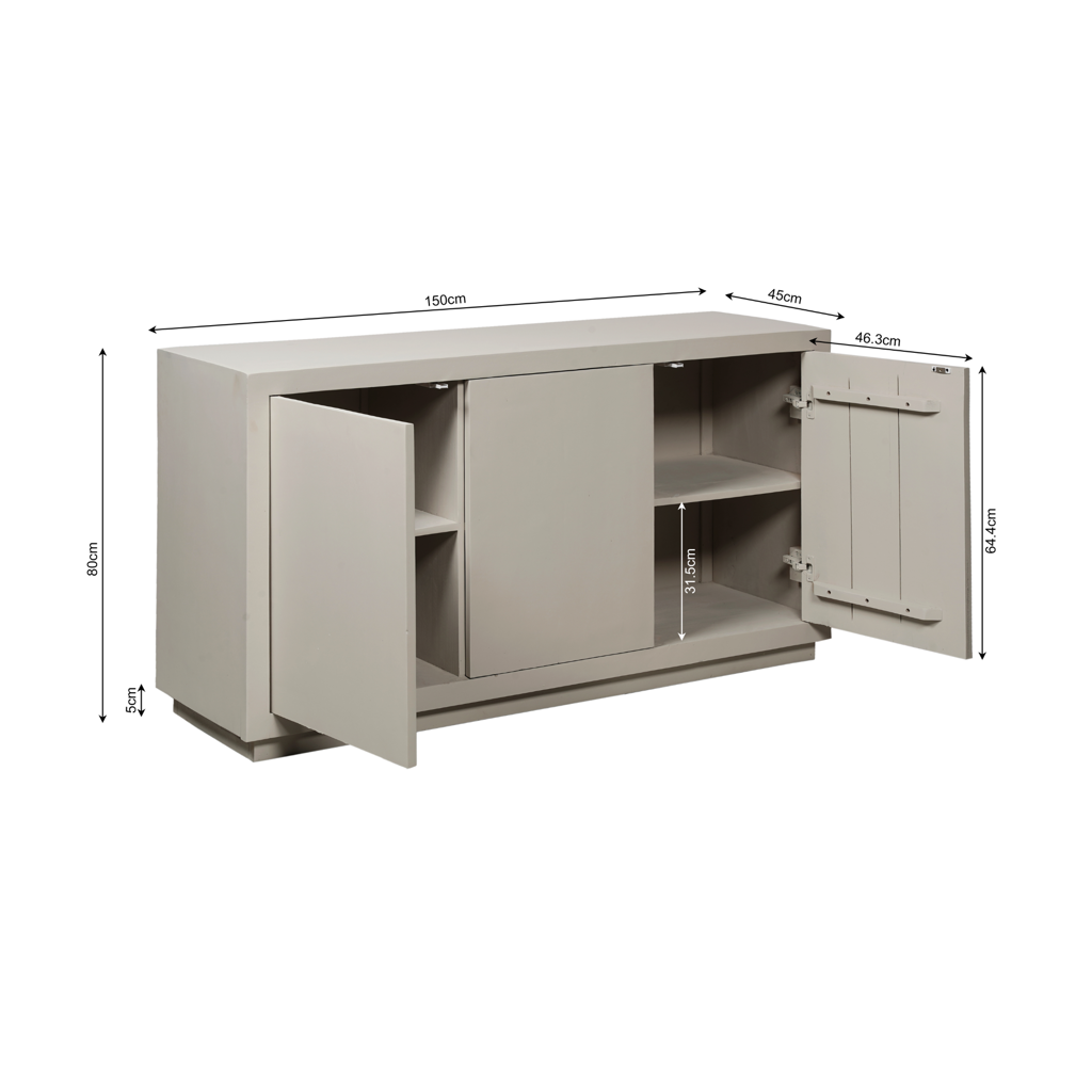 Sideboard Bali Sand – Dressoir aus Mangoholz mit Push-to-Open-Türen, 150 x 45 x 80 cm