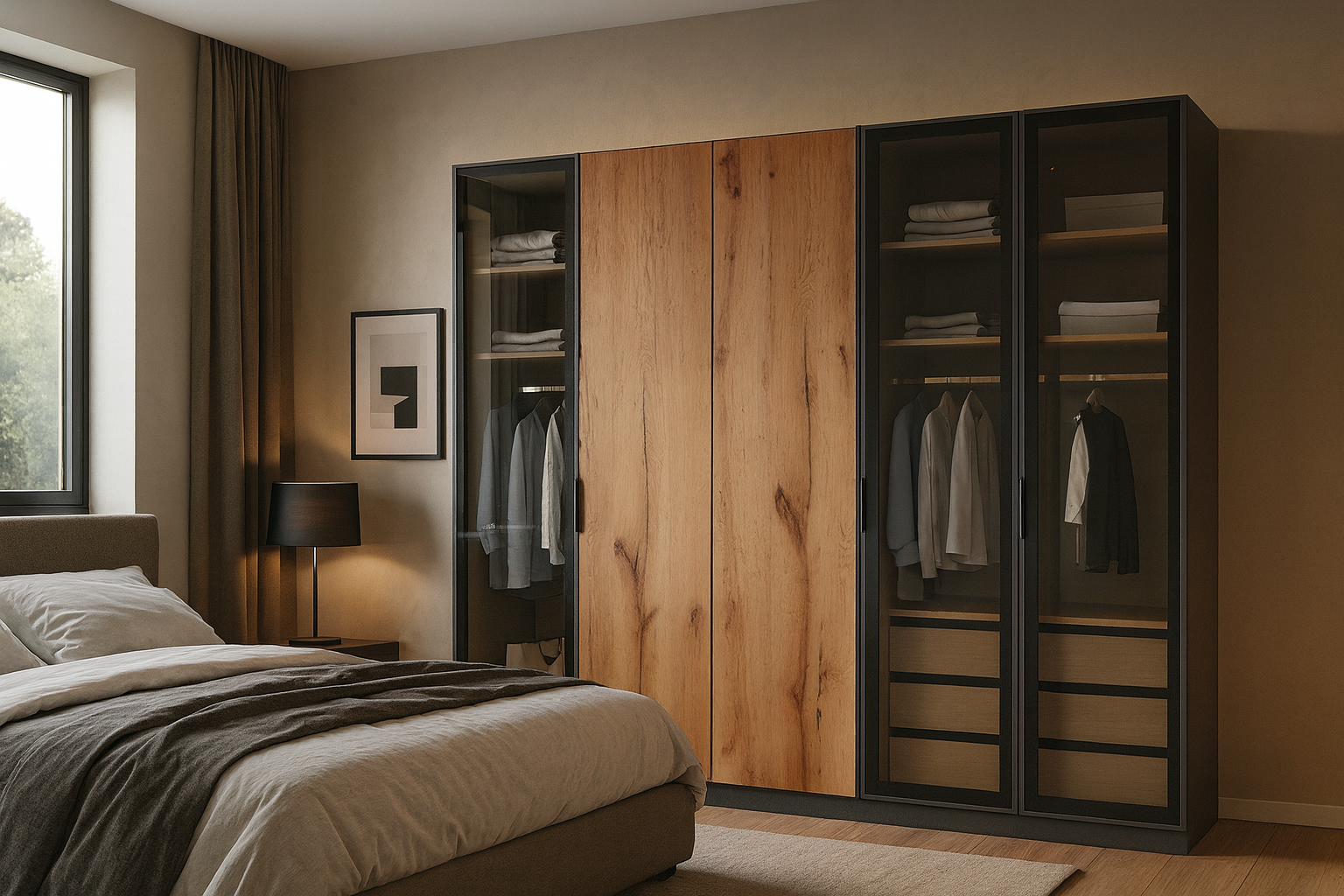 Kleiderschrank Natura 300 cm – Glas & Holz, LED, nachhaltig