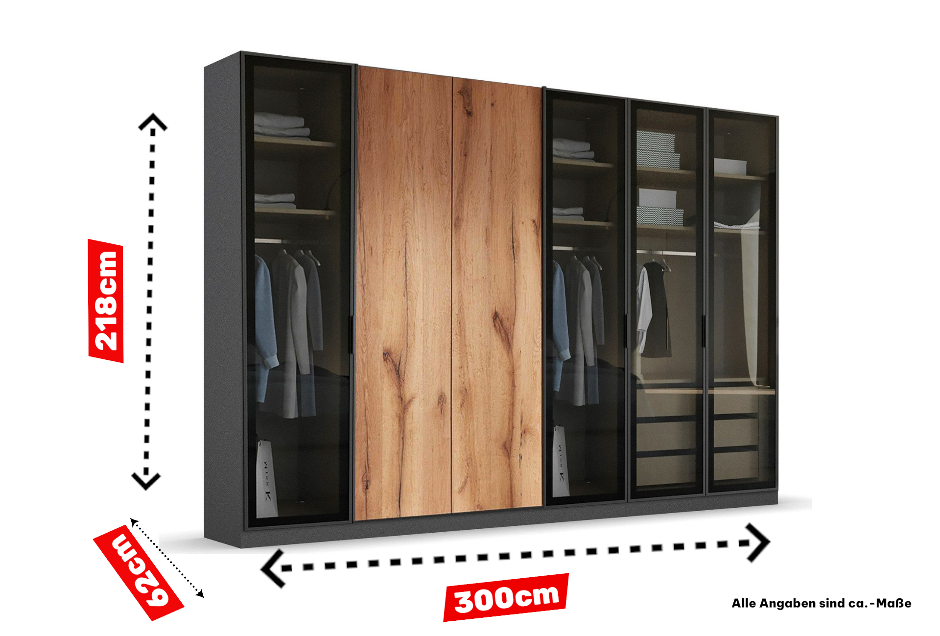 Kleiderschrank Natura 300 cm – Glas & Holz, LED, nachhaltig