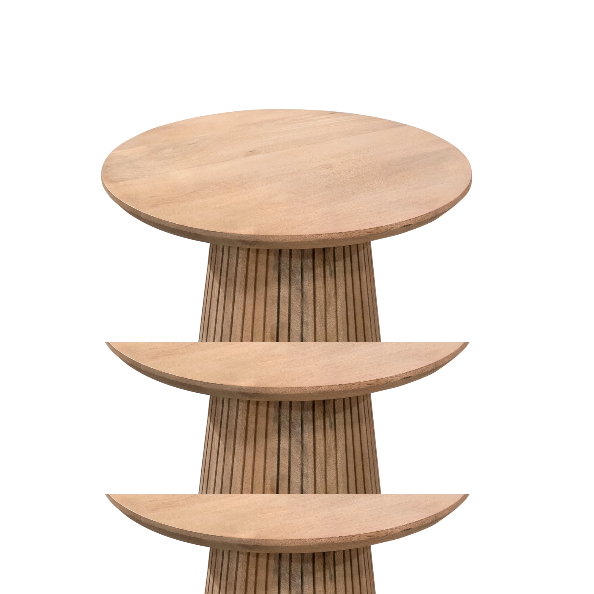 Couchtisch Sole 50x50x46 cm – Runder Wohnzimmertisch aus Mangoholz Natur mit modernem Lattenmuster