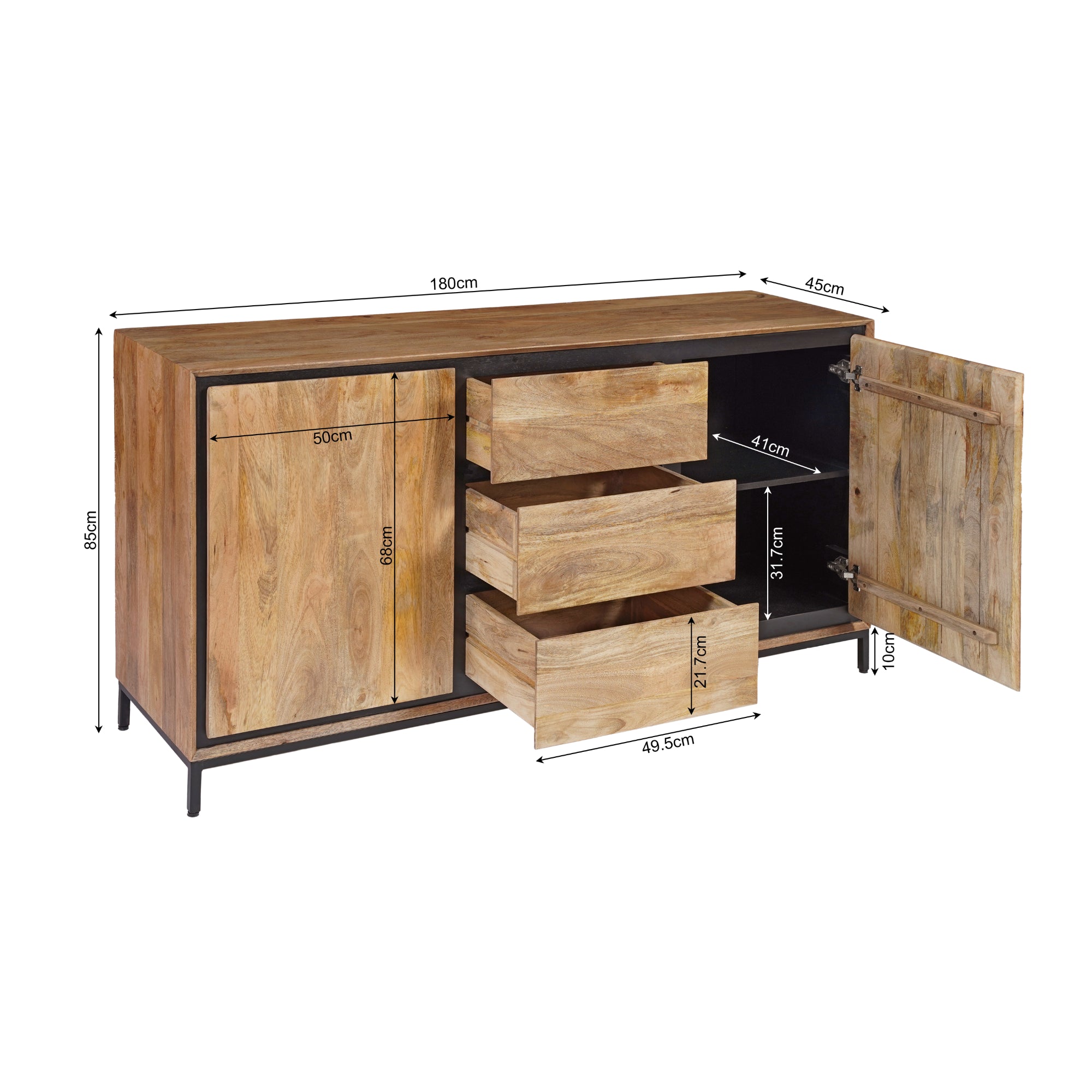 Sideboard Rois – Mangoholz mit schwarzem Metallrahmen, 2 Türen & 3 Schubladen, 160 x 45 x 85 cm