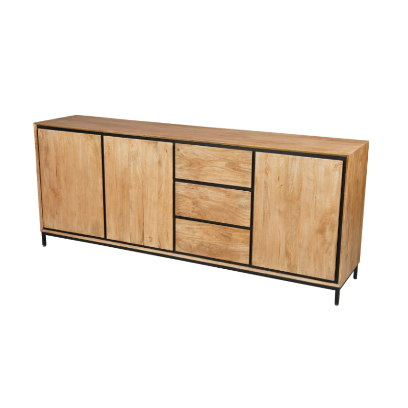 Sideboard Rois 210x45x85 cm – Mangoholz Kommode mit Metallrahmen, 3 Türen & 3 Schubladen