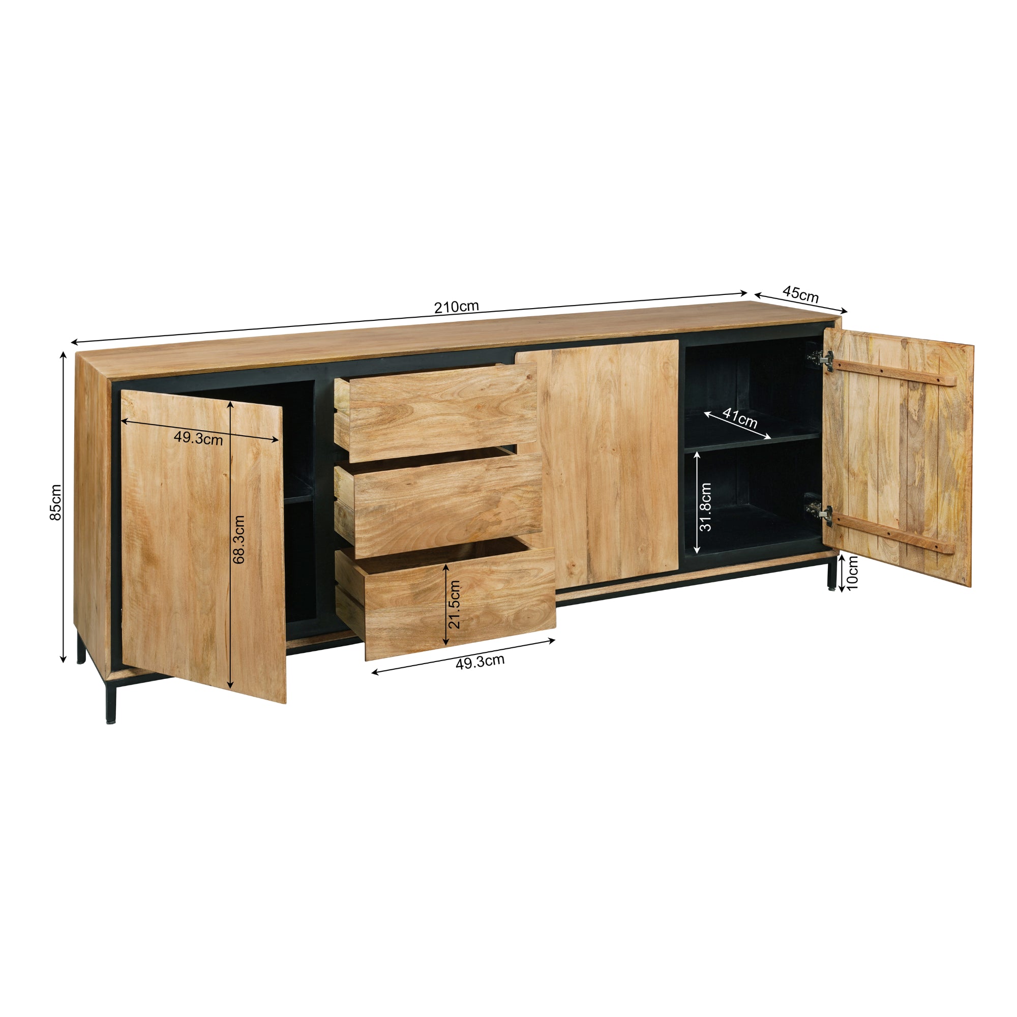 Sideboard Rois 210x45x85 cm – Mangoholz Kommode mit Metallrahmen, 3 Türen & 3 Schubladen