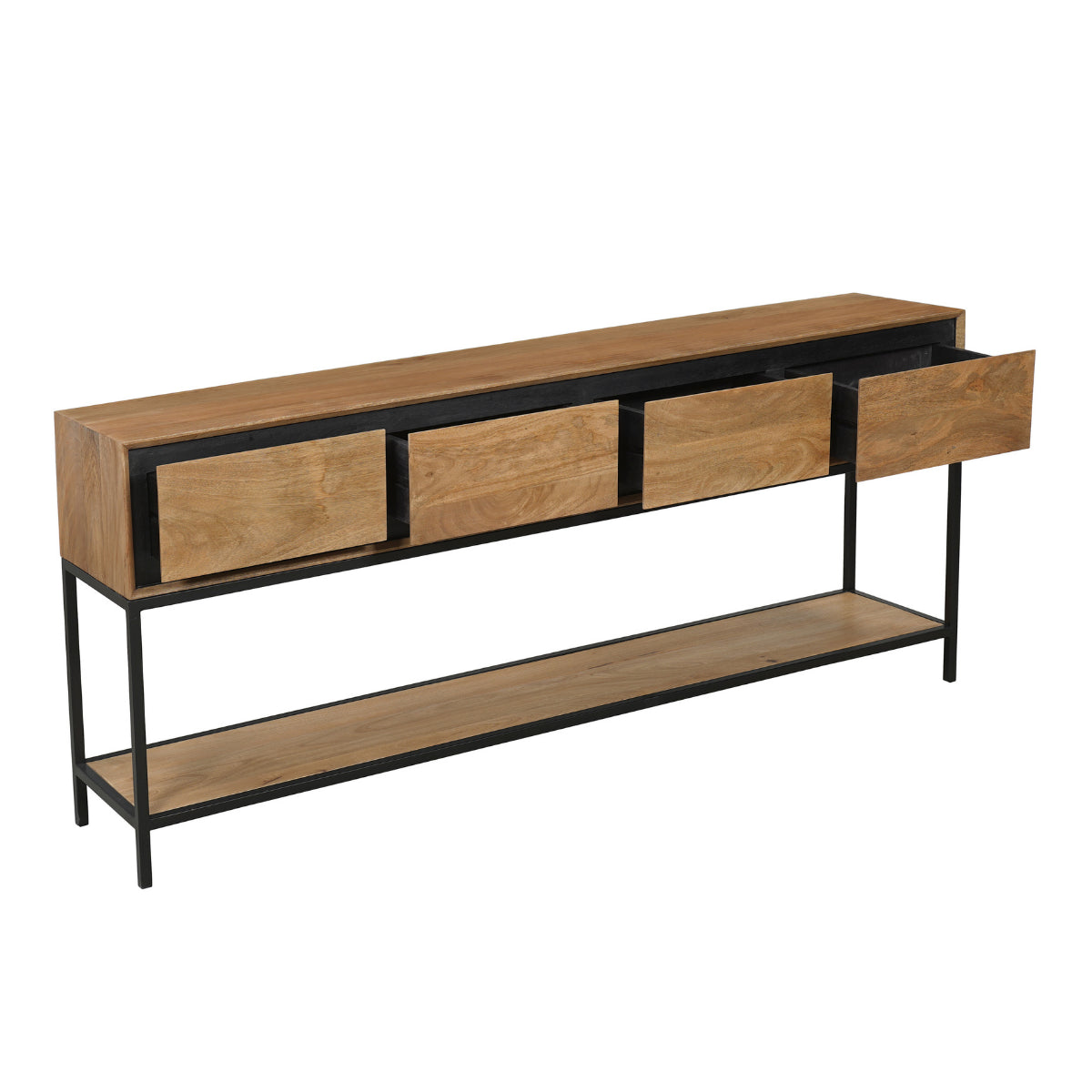 Konsolentisch Rois – Mangoholz Anrichte mit Metallgestell, 180×35×76 cm, modernes Möbel mit 4 Schubladen & Regalboden