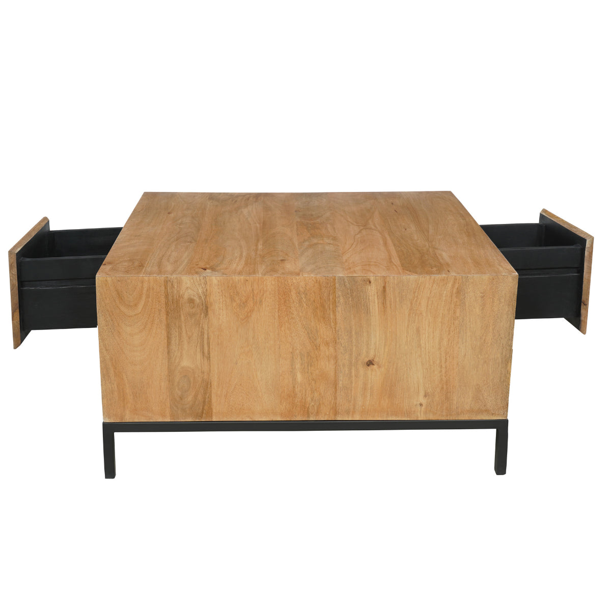 Couchtisch Rois – quadratischer Mangoholz Tisch 80×40×80 cm mit 2 Schubladen, offenem Fach & Metallrahmen