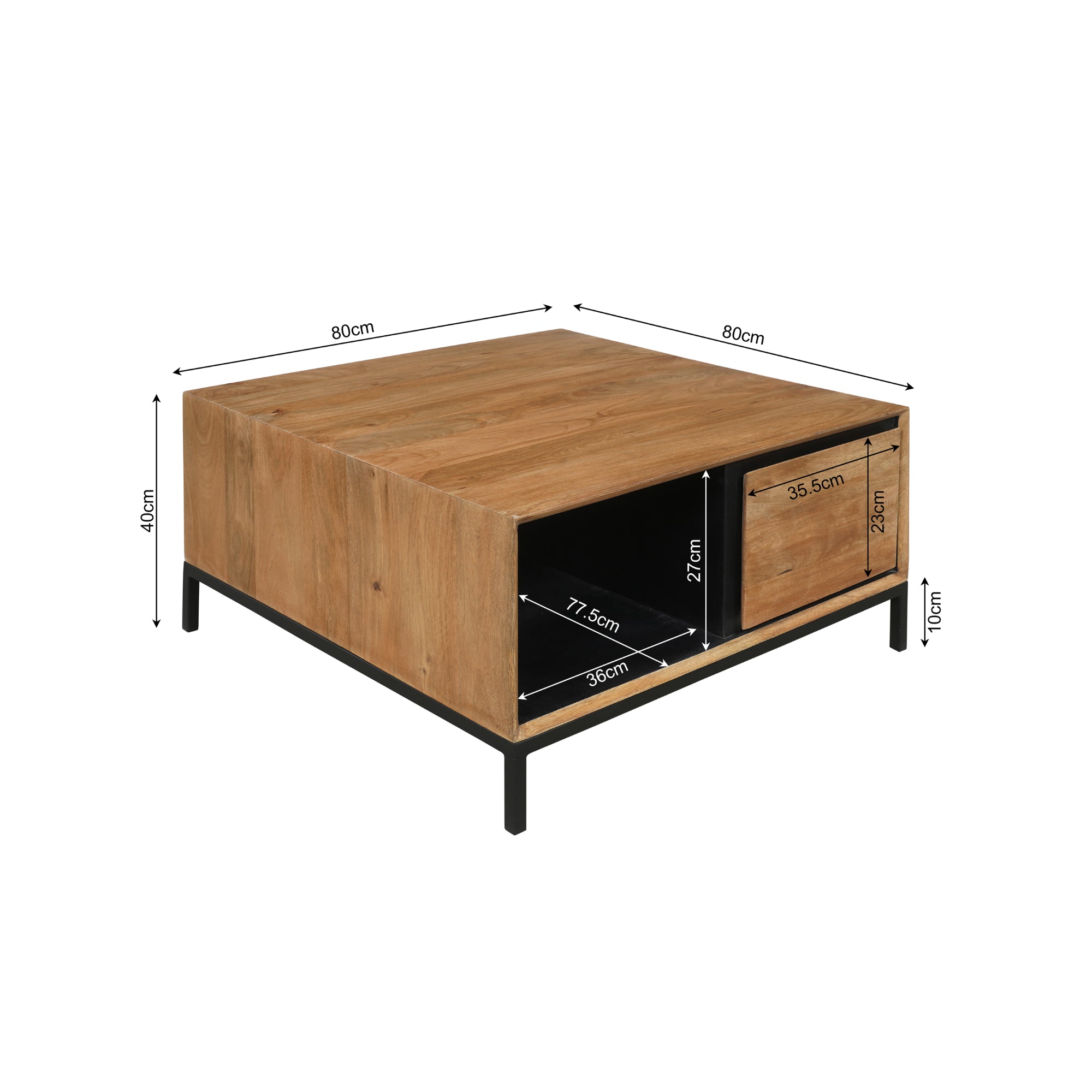 Couchtisch Rois – quadratischer Mangoholz Tisch 80×40×80 cm mit 2 Schubladen, offenem Fach & Metallrahmen