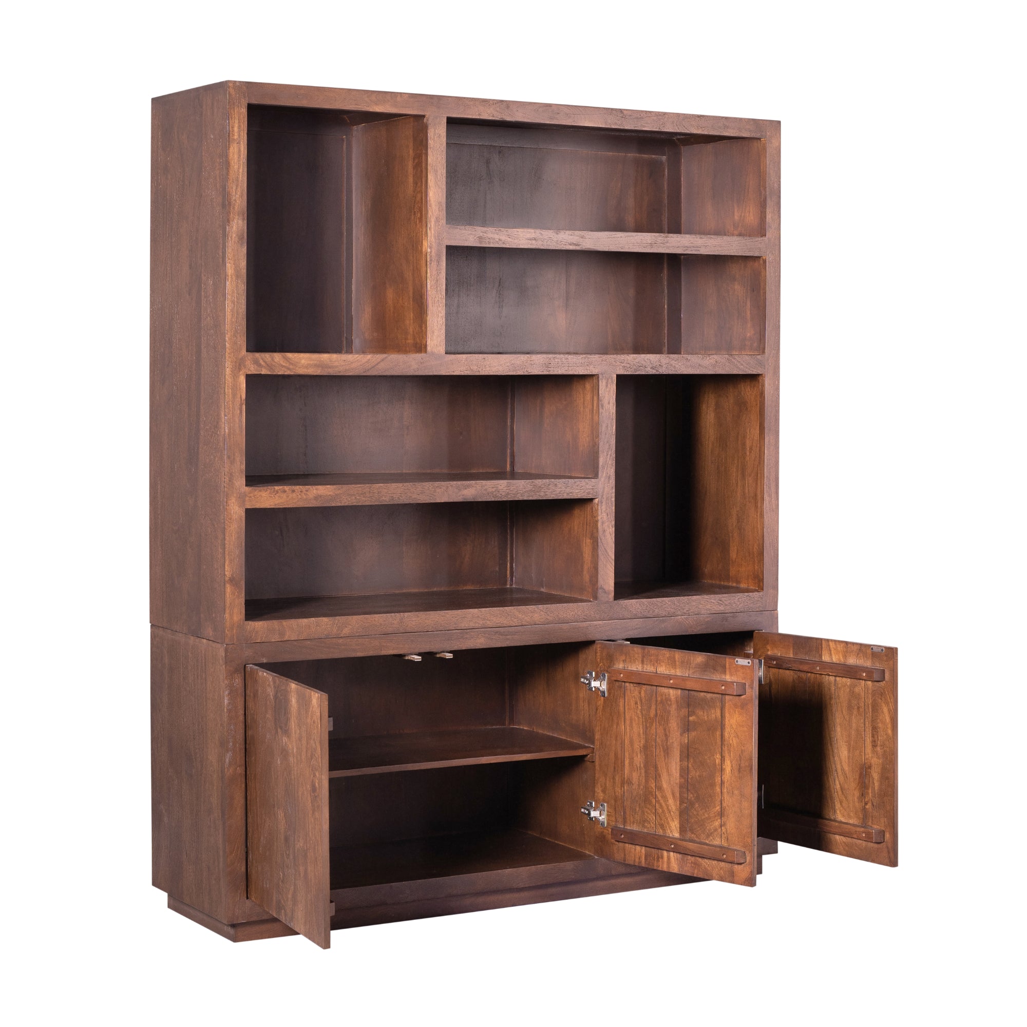 Regal Bali Braun XL – modernes Mangoholz-Regal mit offenen Fächern & 3 Türen, Push-to-Open, 160 x 45 x 200 cm