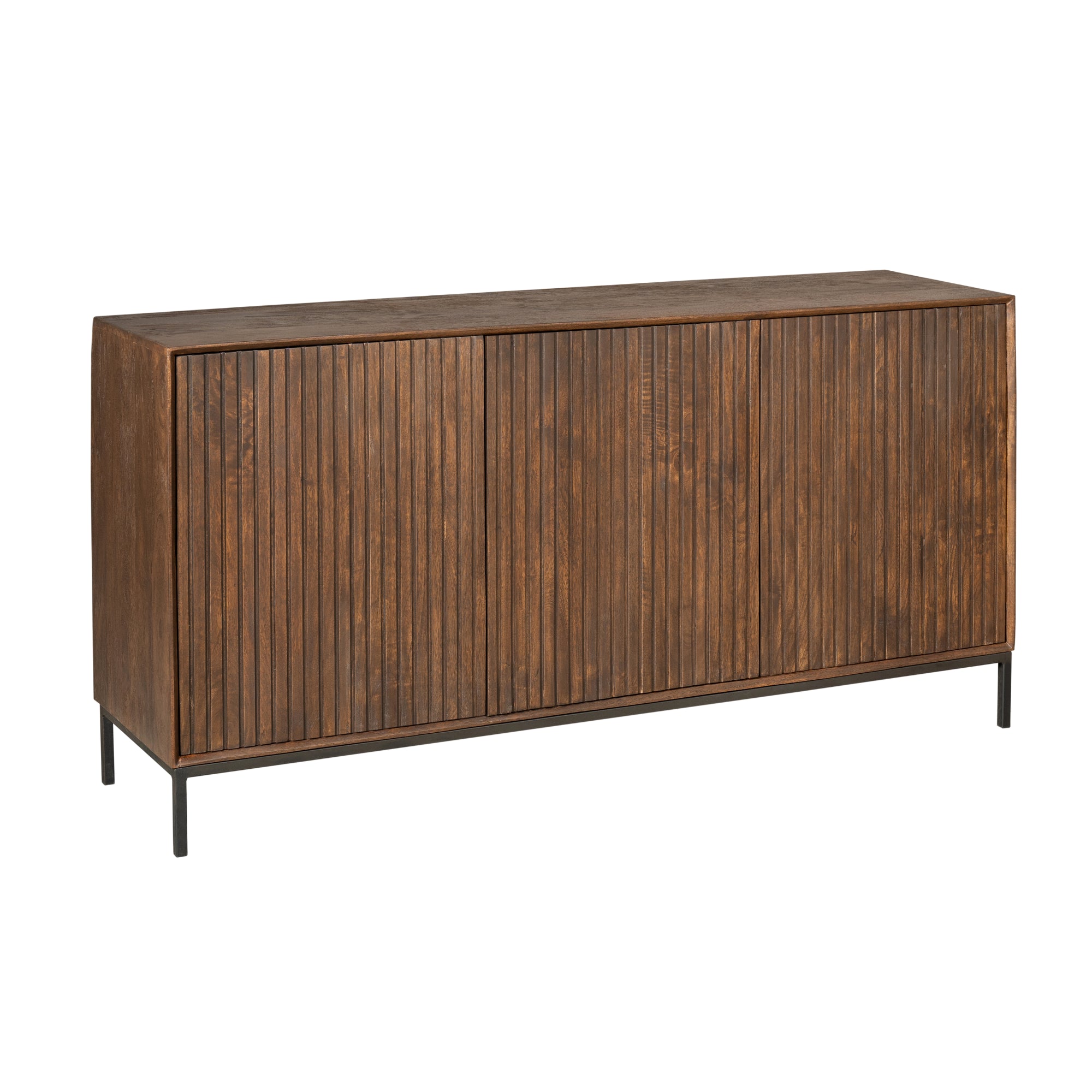 Sideboard Mandy Braun 165x45x85 cm – moderne Mangoholz Kommode mit Lamellenfront & schwarzem Metallrahmen