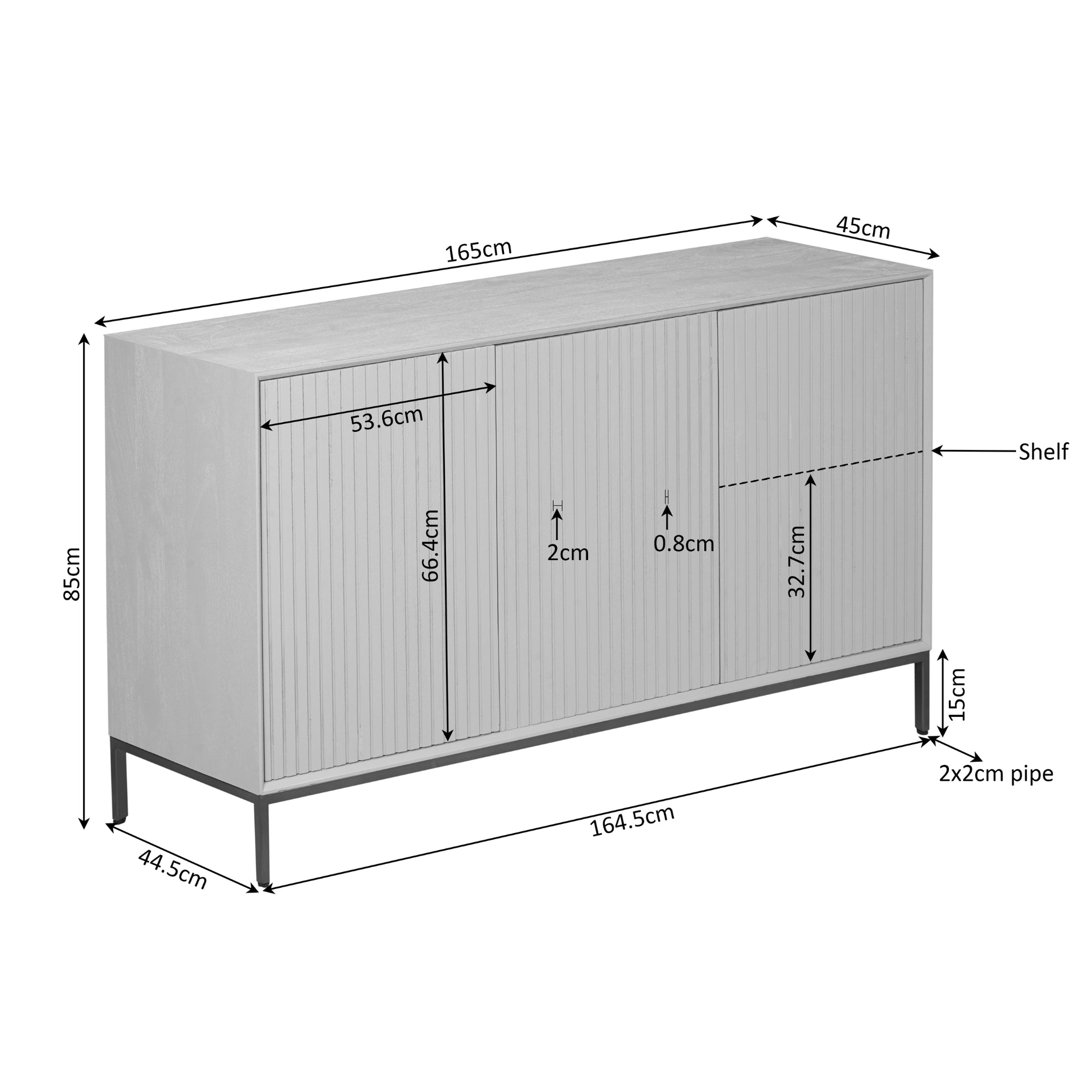 Sideboard Mandy Braun 165x45x85 cm – moderne Mangoholz Kommode mit Lamellenfront & schwarzem Metallrahmen