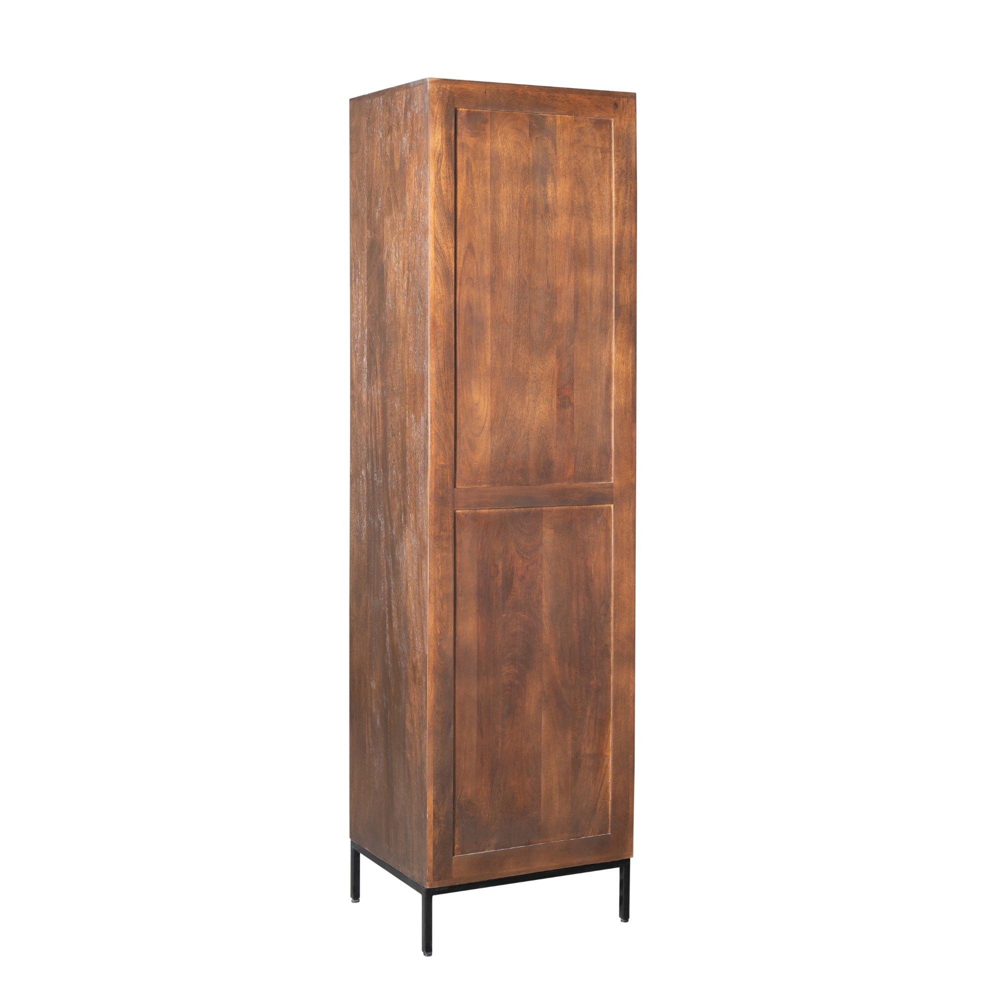 Regal Mandy Braun 55x45x200 cm – moderner Schrank aus Mangoholz mit Tür, Fächern & Lamellenfront