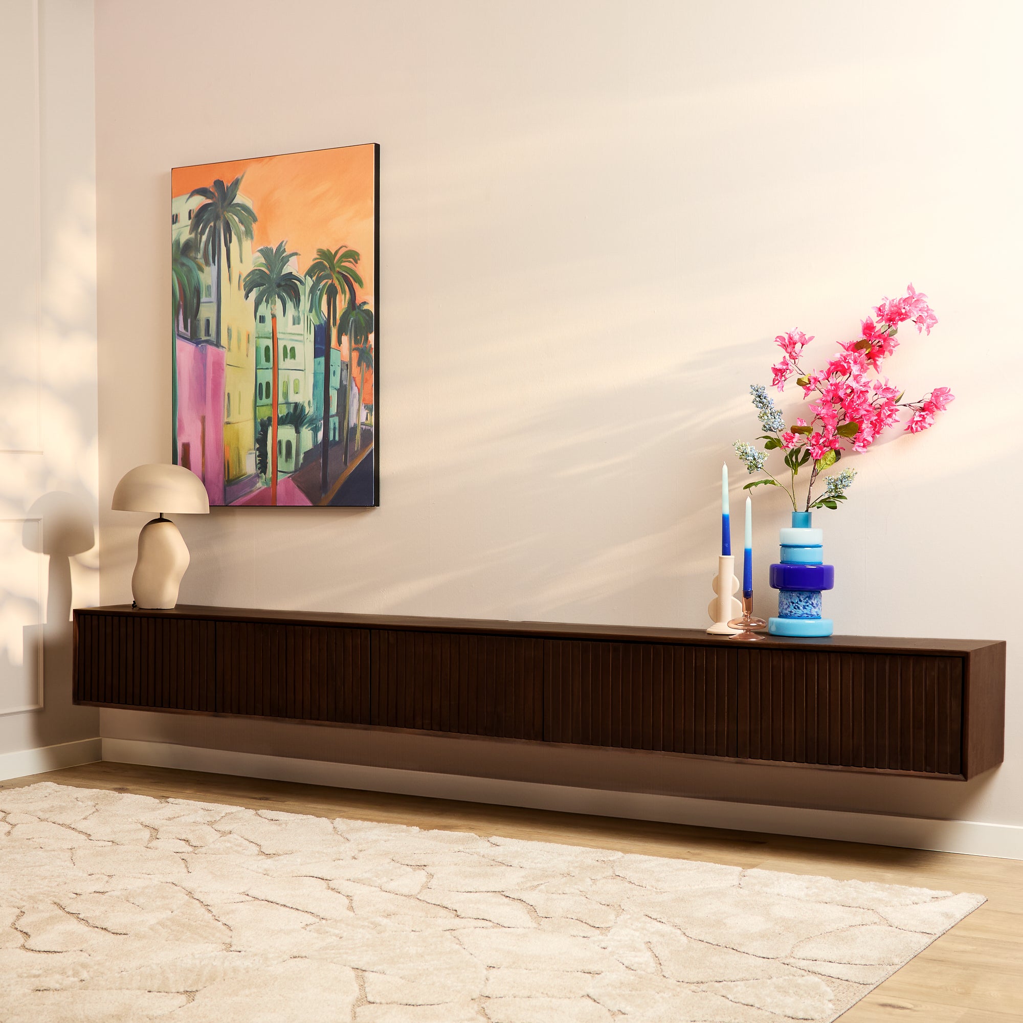 TV Board Mandy Braun 280x35x30 cm – Schwebendes Lowboard aus Mangoholz mit Lamellentüren & Push-to-Open