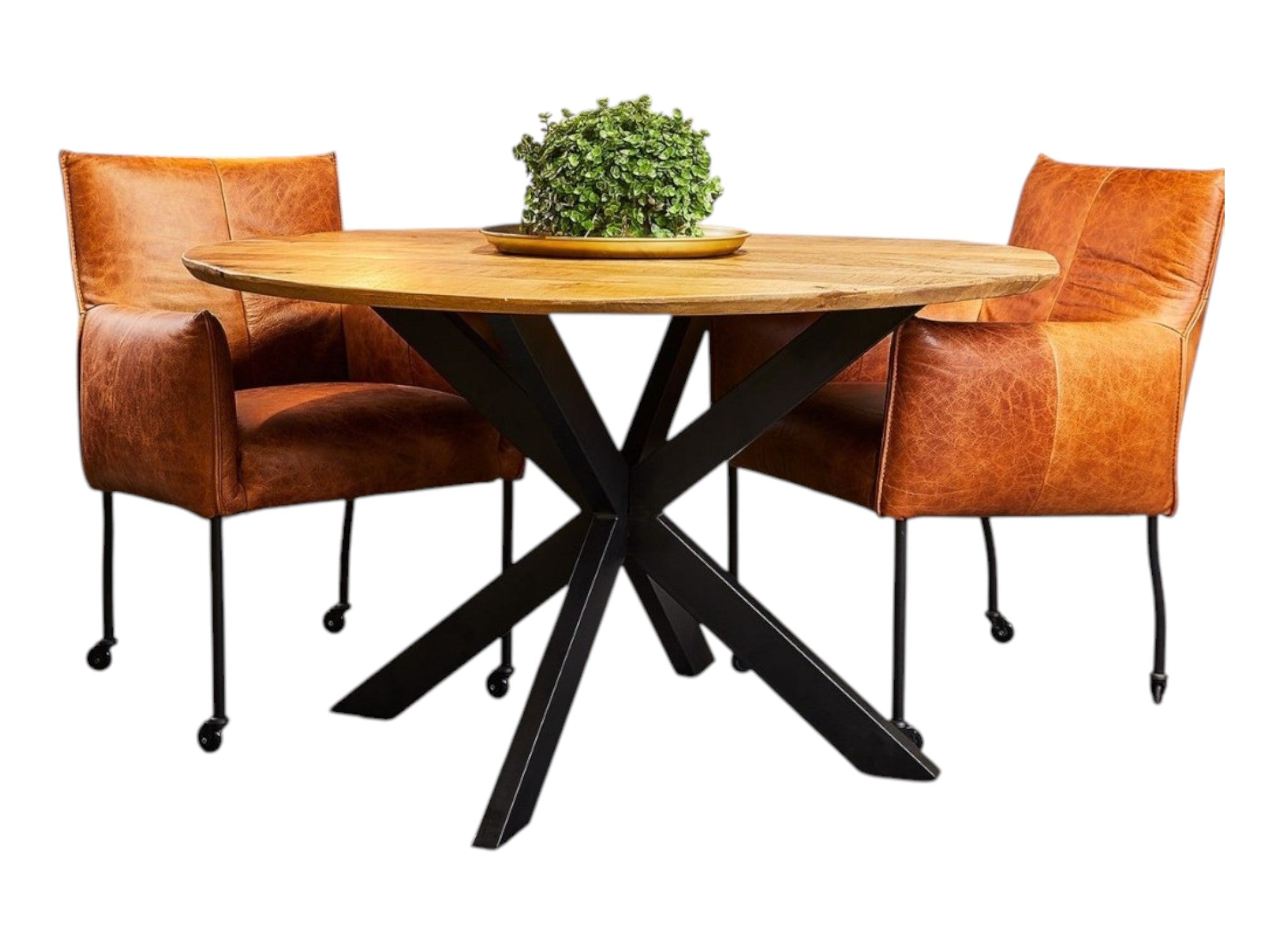 Esstisch Aloy Rund – Mangoholz Natur Ø140 cm, Spidergestell Schwarz, 77 cm Höhe, 3 cm Platte)