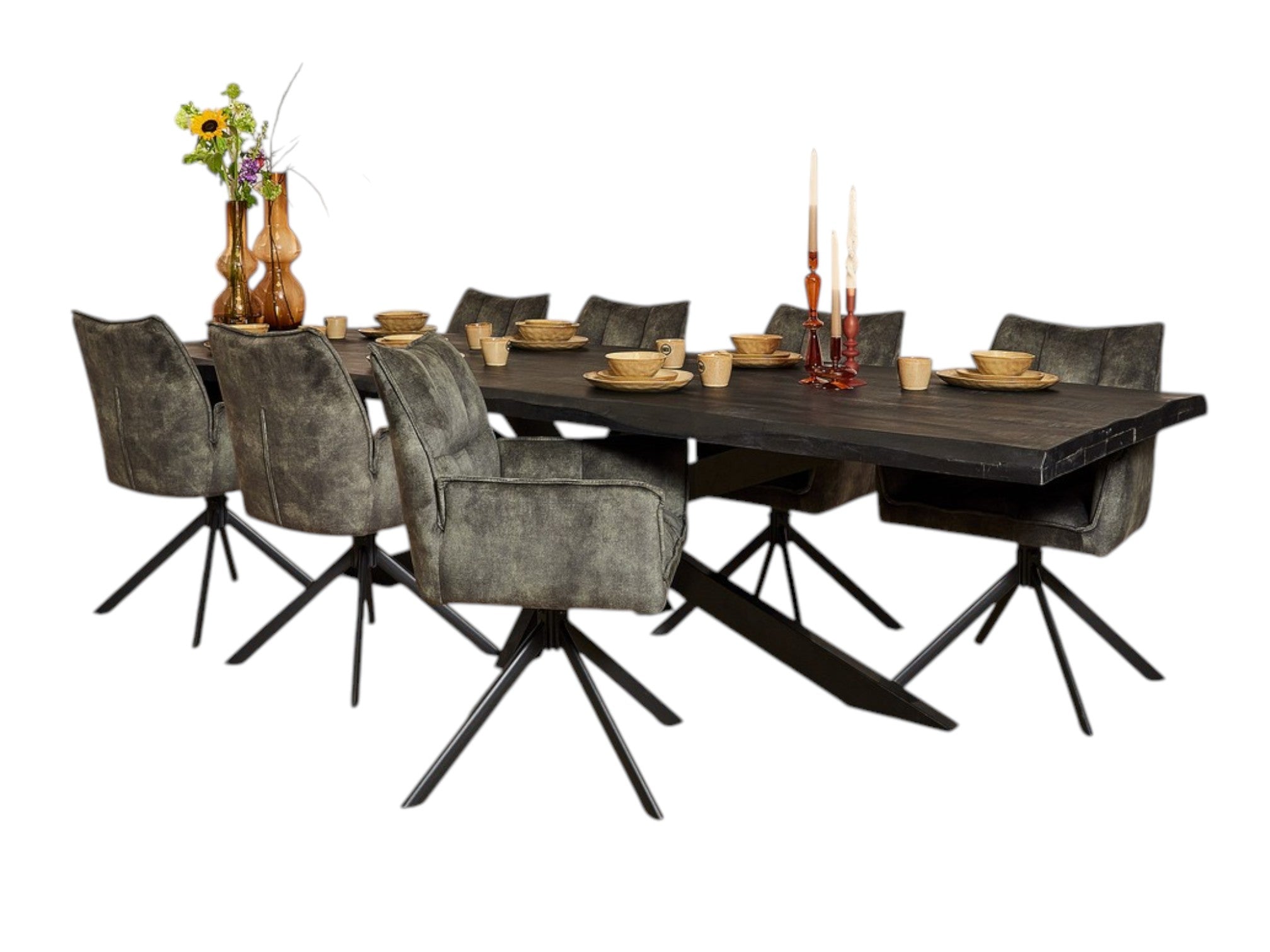 Esstisch Baltimore Schwarz 300x100x76 cm – moderner Baumstammtisch aus Mangoholz & Metall mit 6 cm dicker Tischplatte