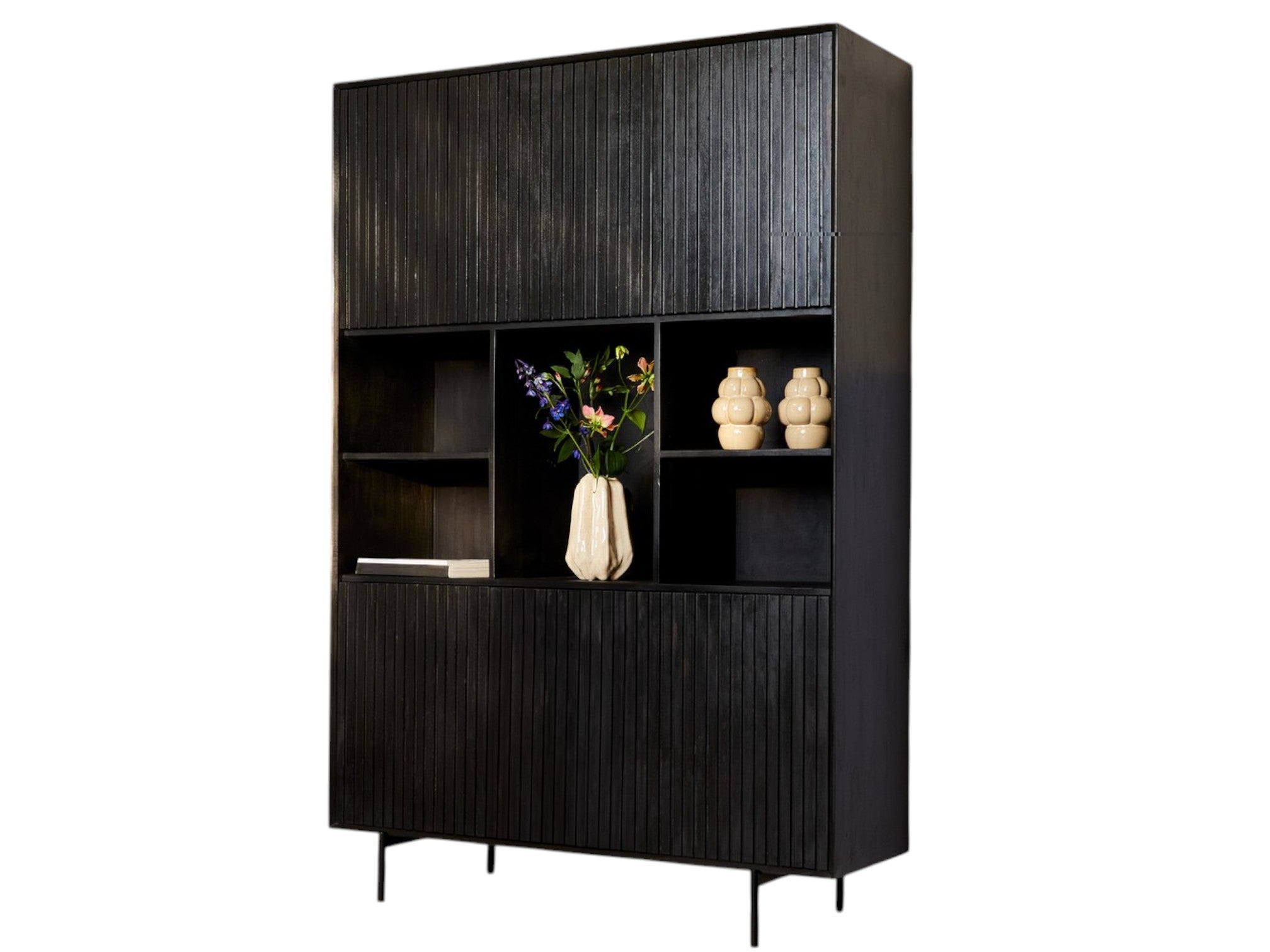 Vitrinenschrank Mandy XL 135x45x200 cm – Mangoholz Regal mit Lamellenfront, 6 Türen & 5 offenen Fächern