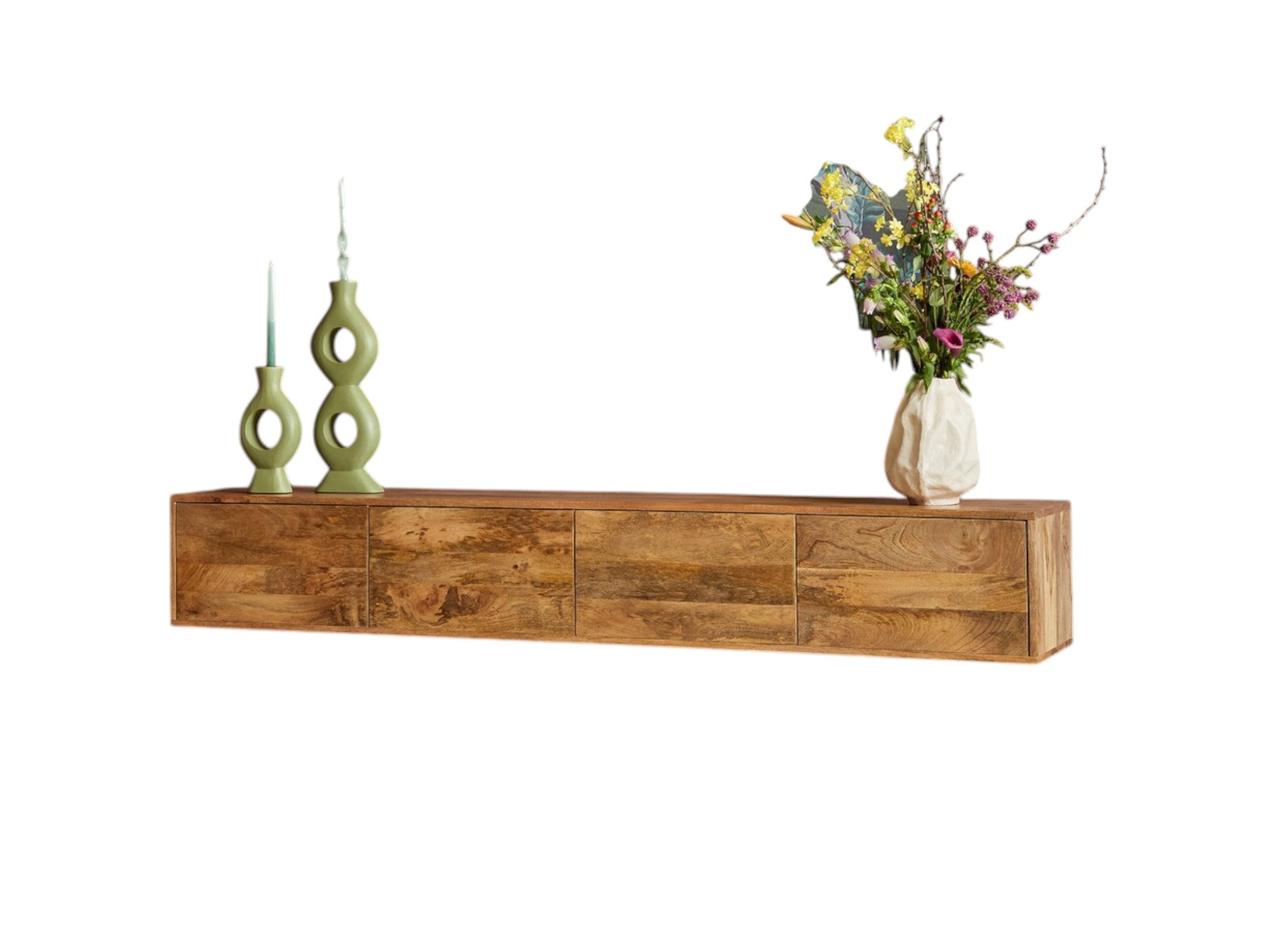 Schwebendes TV-Board Focus – Lowboard aus Mangoholz mit Push-to-Open 200×35×30 cm