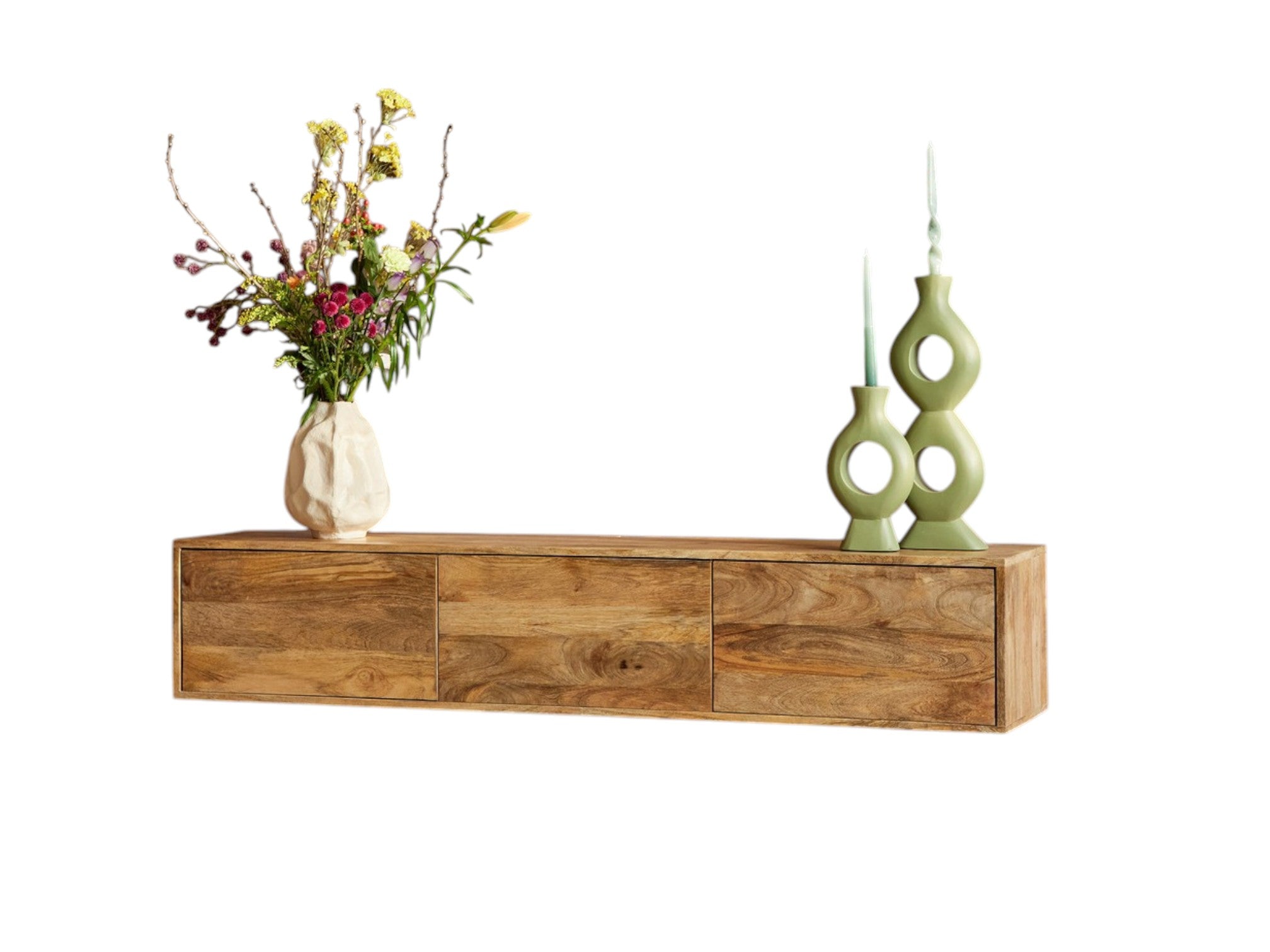 Schwebendes TV-Board Focus – Lowboard aus Mangoholz 160×30×35 cm mit grifflosen Türen & Push-to-Open-System