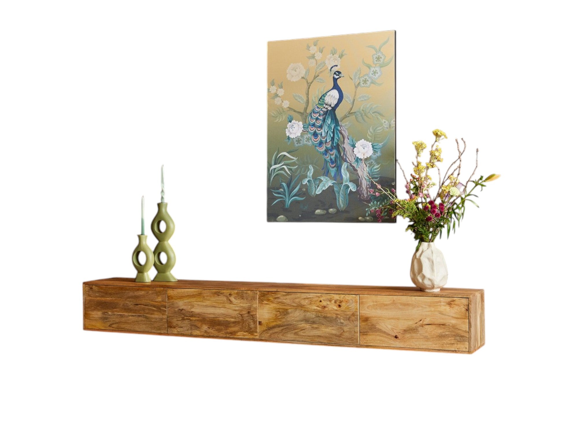 Schwebendes TV-Board Focus – Mangoholz Lowboard 240×30×35 cm mit grifflosen Türen & Push-to-Open-System, Wandmontage
